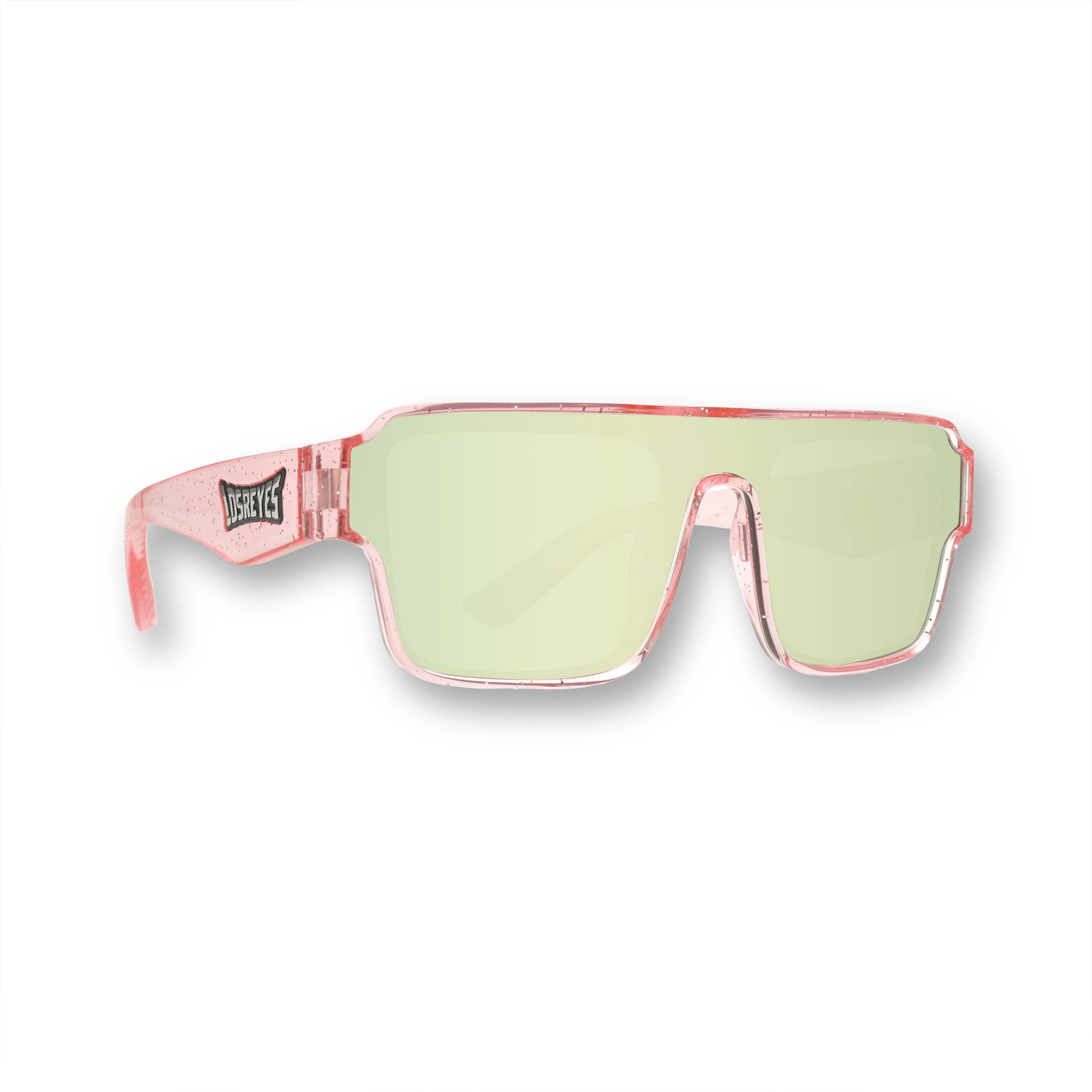 LosReyes Omega Pink Unicorn sunglasses with pink glitter frame and gold-green mirror shield lens, angled front product view