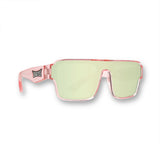 LosReyes Omega Pink Unicorn sunglasses with pink glitter frame and gold-green mirror shield lens, angled front product view