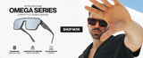 Advertisement for Omega Series lifestyle sunglasses with a man wearing sunglasses and text promoting the product.