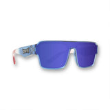 LosReyes Omega Superhero sunglasses with blue and red frame and purple mirror shield lens, angled front product view