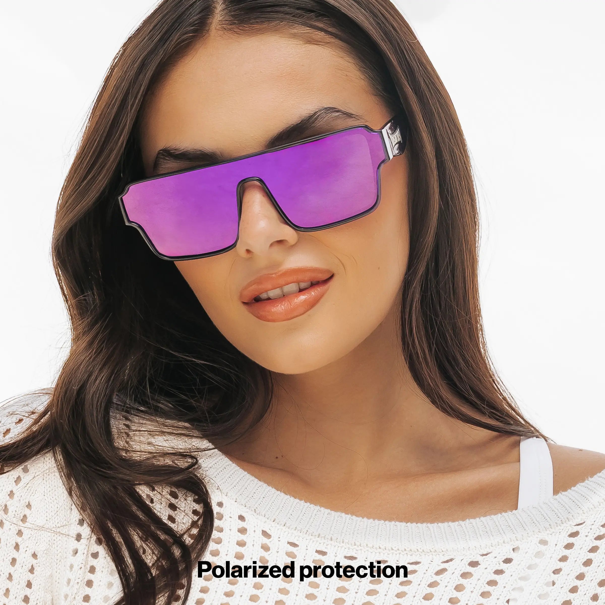 Woman wearing purple Zeus Omega sunglasses by LosReyes with a white background