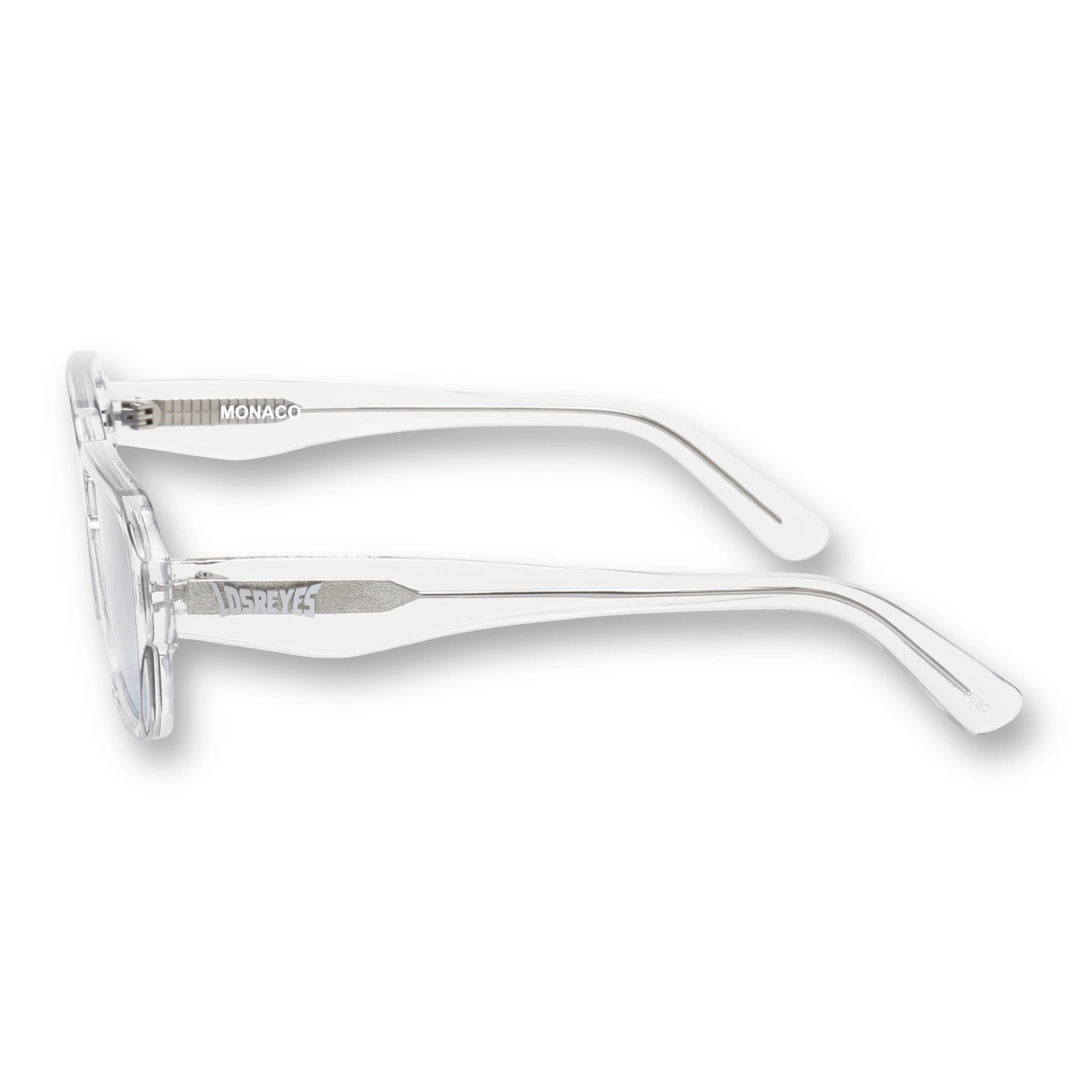 LosReyes OPUS Monaco transparent acetate sunglasses temple detail with LosReyes logo