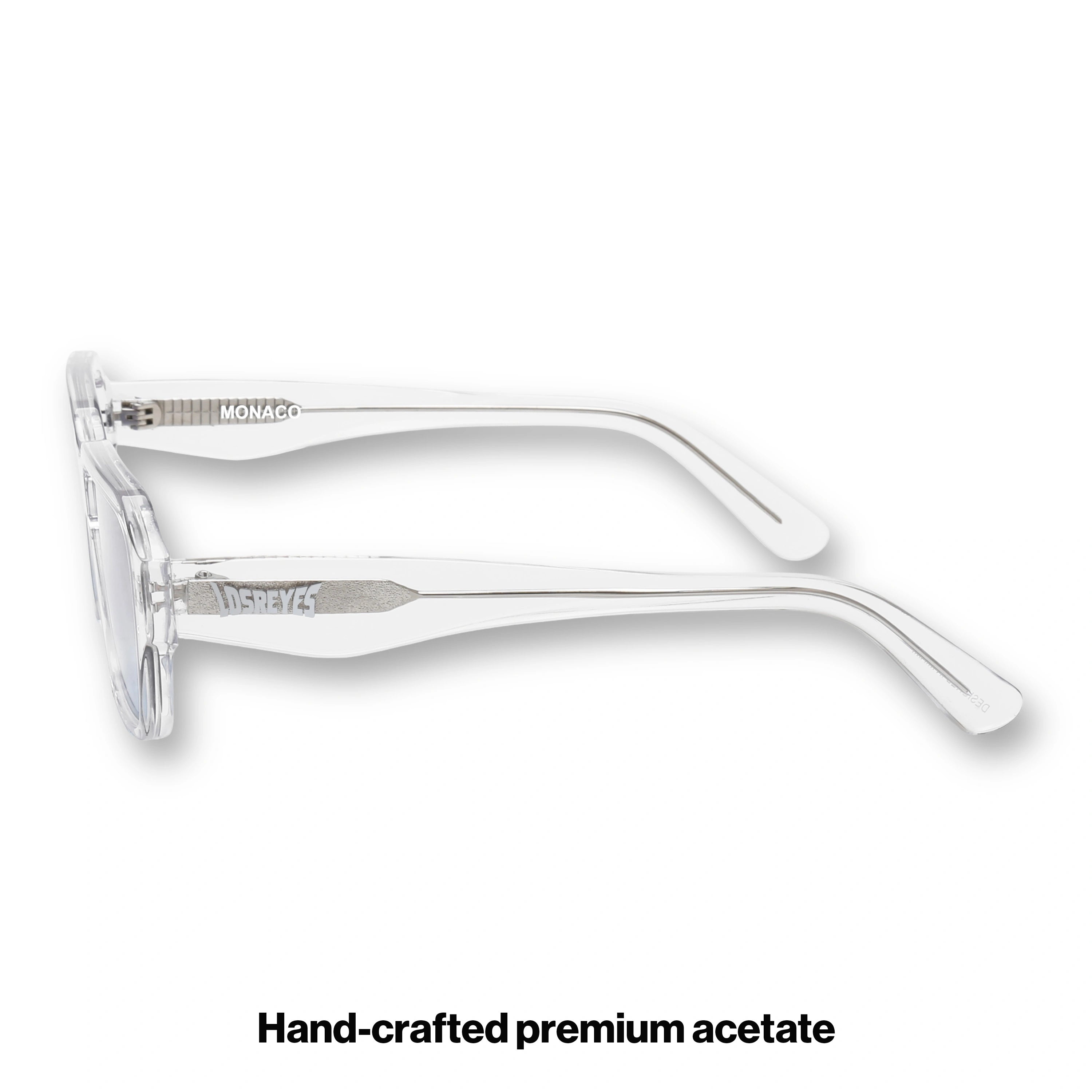 LosReyes OPUS Monaco transparent acetate sunglasses temple detail with LosReyes logo