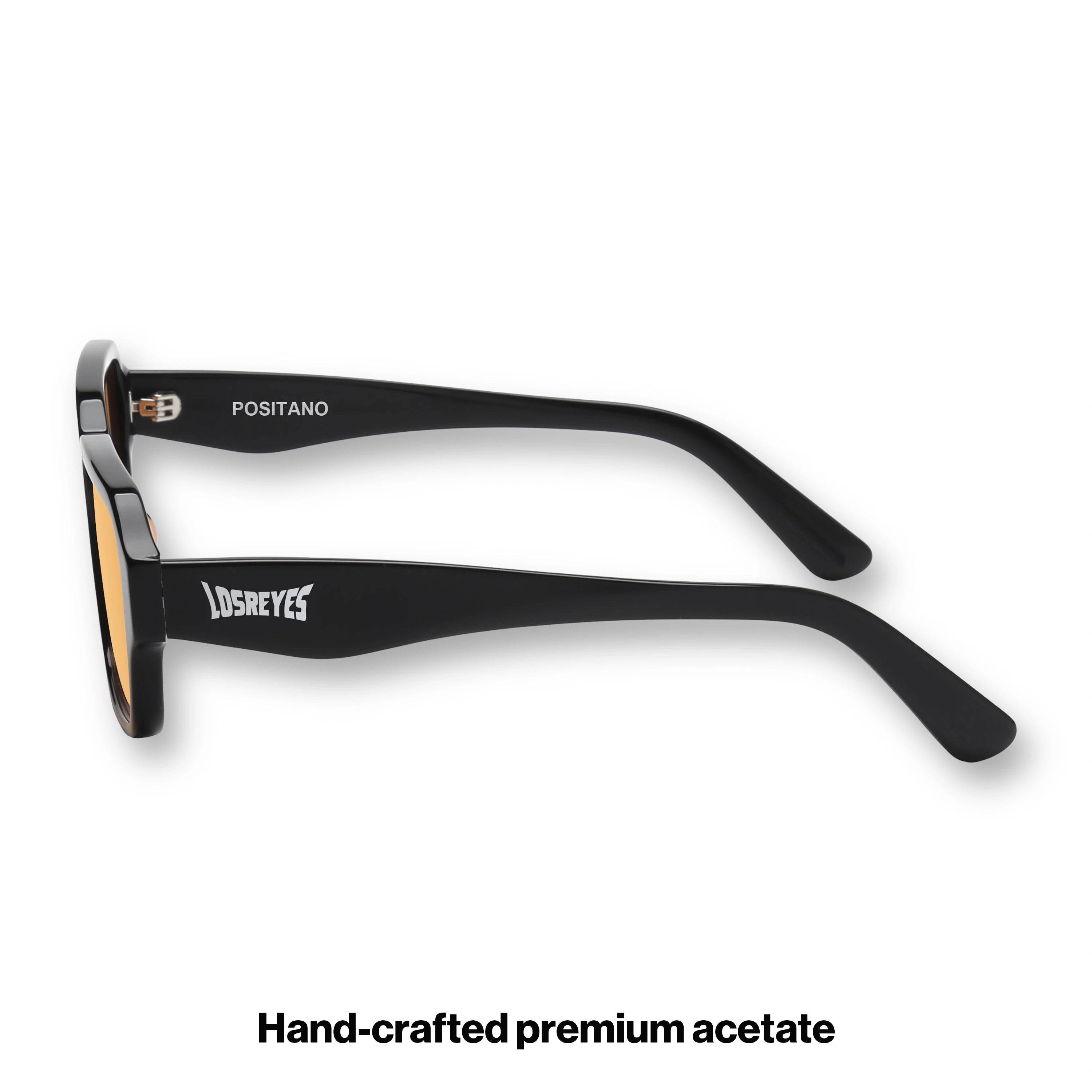 LosReyes OPUS Positano black acetate sunglasses temple detail with Positano model marking