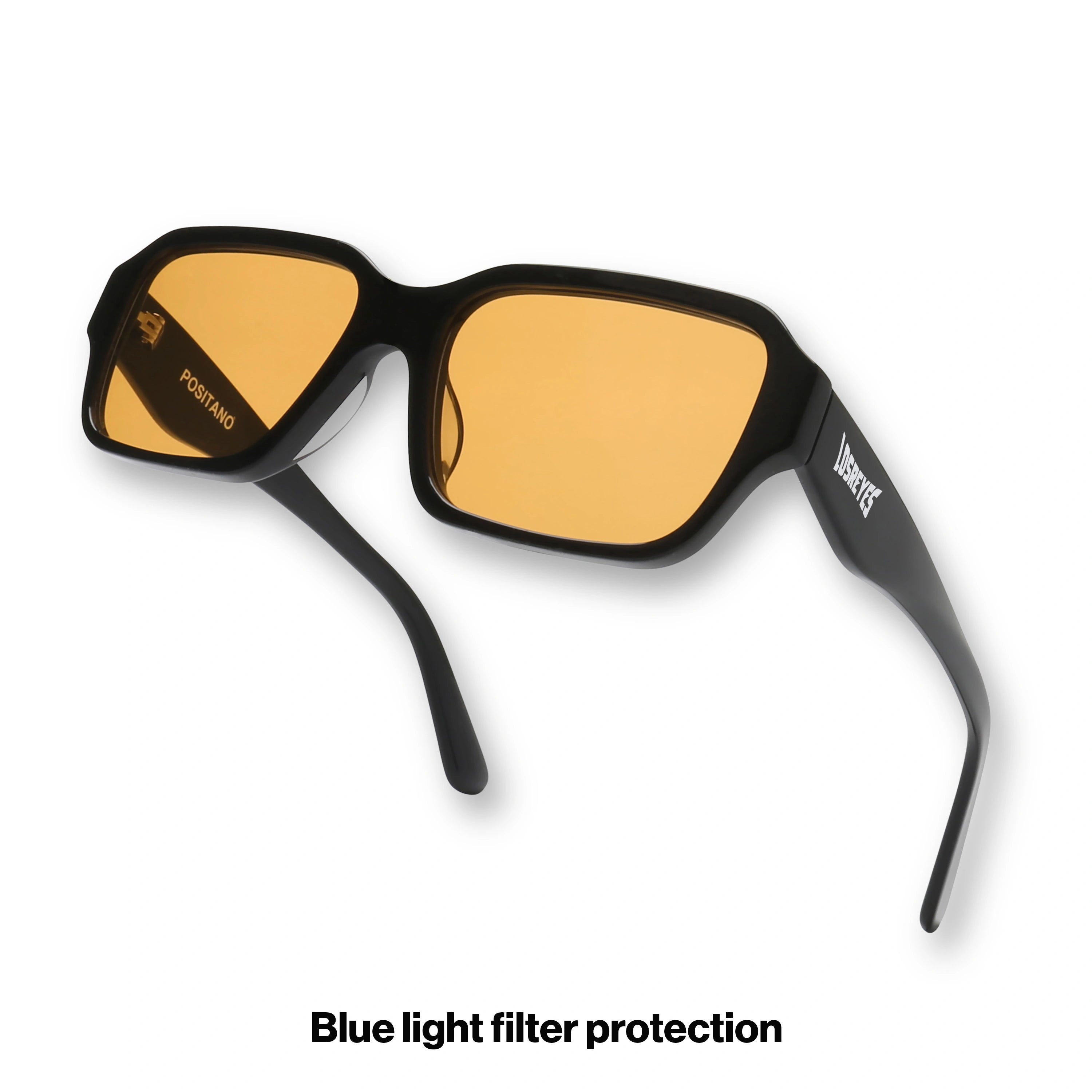 LosReyes OPUS Positano black acetate sunglasses with amber lenses angled view
