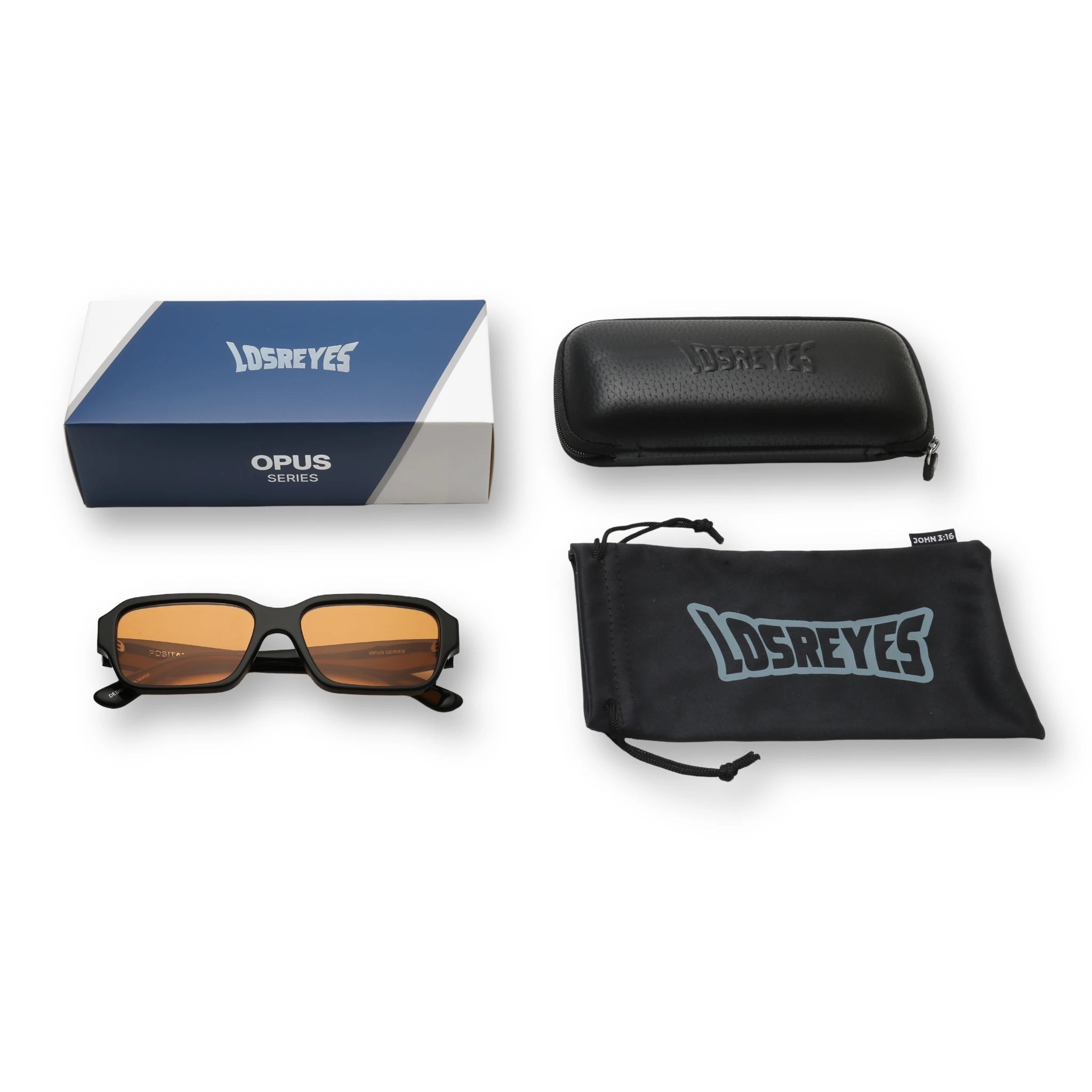 LosReyes OPUS Positano sunglasses with protective case microfiber pouch and OPUS series packaging