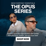 LosReyes Opus Series premium sunglasses and blue light glasses worn by male and female models, featuring acetate frames, UV protection, blue light blocking lenses, and modern luxury eyewear design for everyday comfort and eye strain relief.