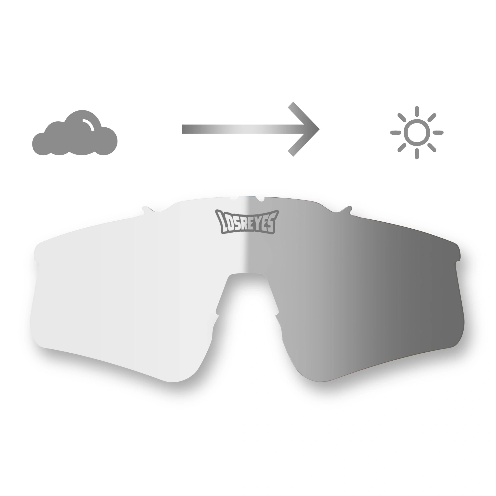 LosReyes photochromic replacement lens transitioning from clear to black, glare reduction with UV400 protection