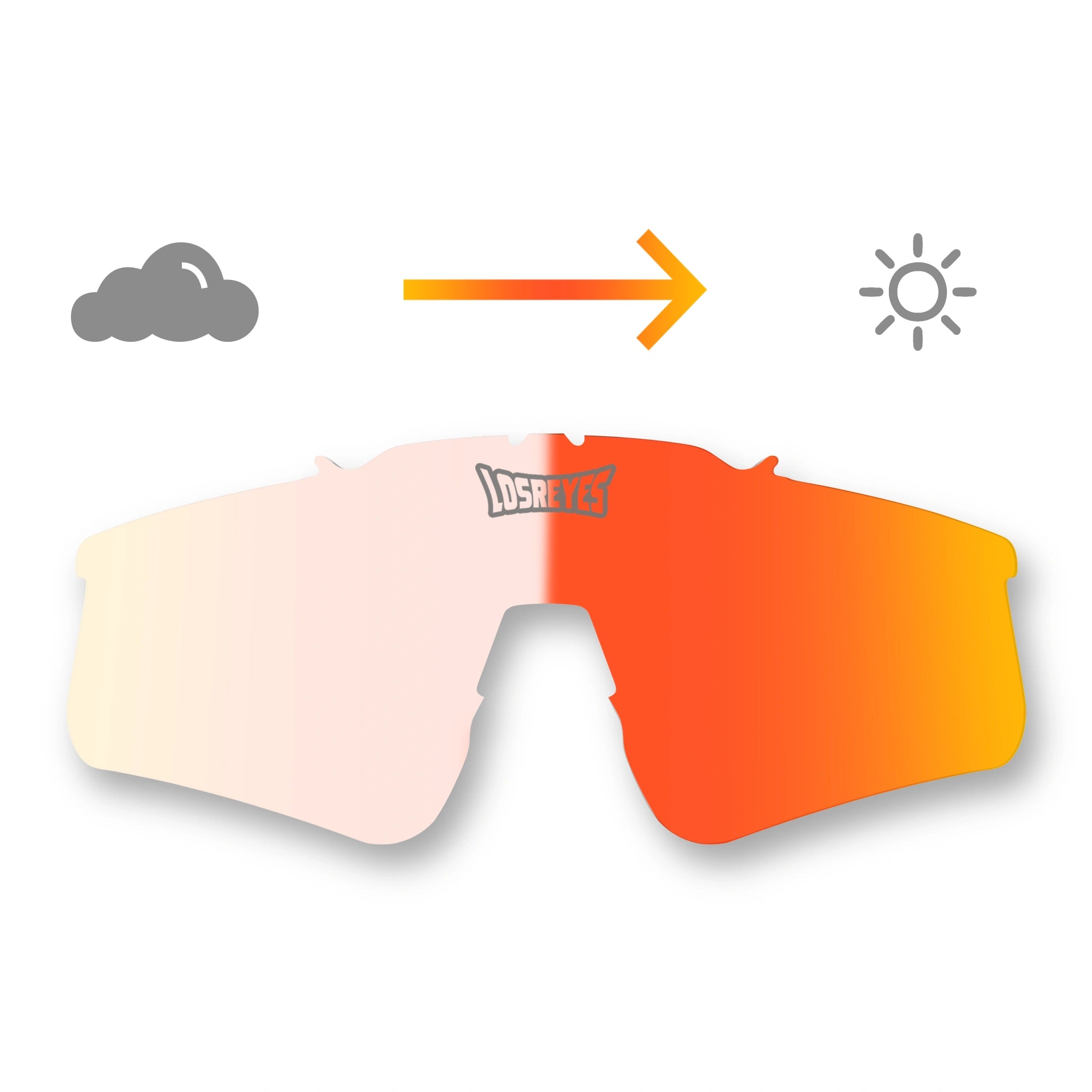 LosReyes photochromic replacement lens changing from clear to orange, enhanced contrast and UV400 protection
