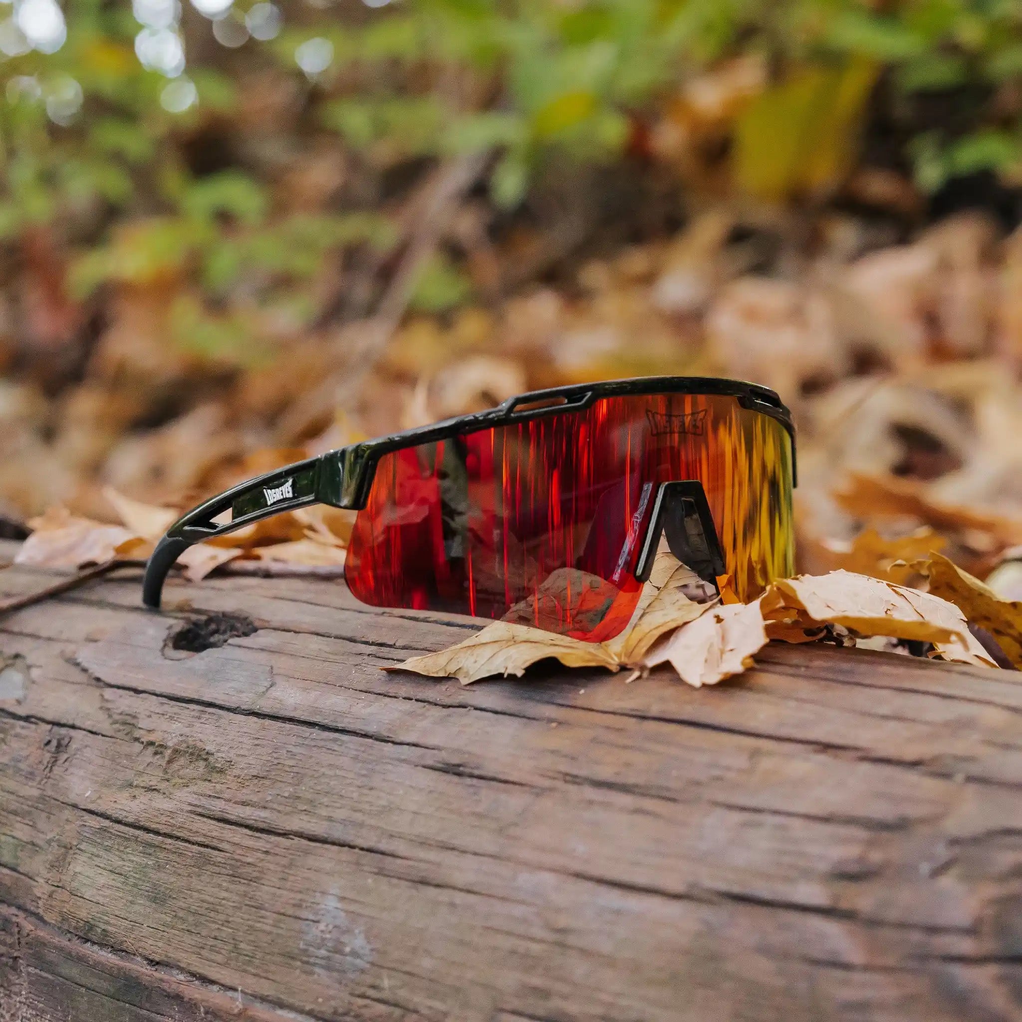 LosReyes polarized red sports sunglasses forest trail