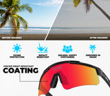 LosReyes Polarized red Sunglasses with UV400 protection and impact resistance features displayed against a beach background.