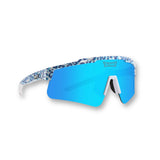 Hero view of LosReyes Prime Cheetah Blue sports sunglasses with an icy blue leopard-print frame, vivid blue mirrored shield lens, sleek wraparound fit, and UV400 protection built for high-performance training and athletic style