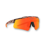 Hero view of LosReyes Prime Cheetah Orange sports sunglasses with a fiery orange leopard-print frame, vibrant orange mirrored shield lens, aerodynamic wraparound design, and UV400 protection for bold athletic performance and lifestyle flair