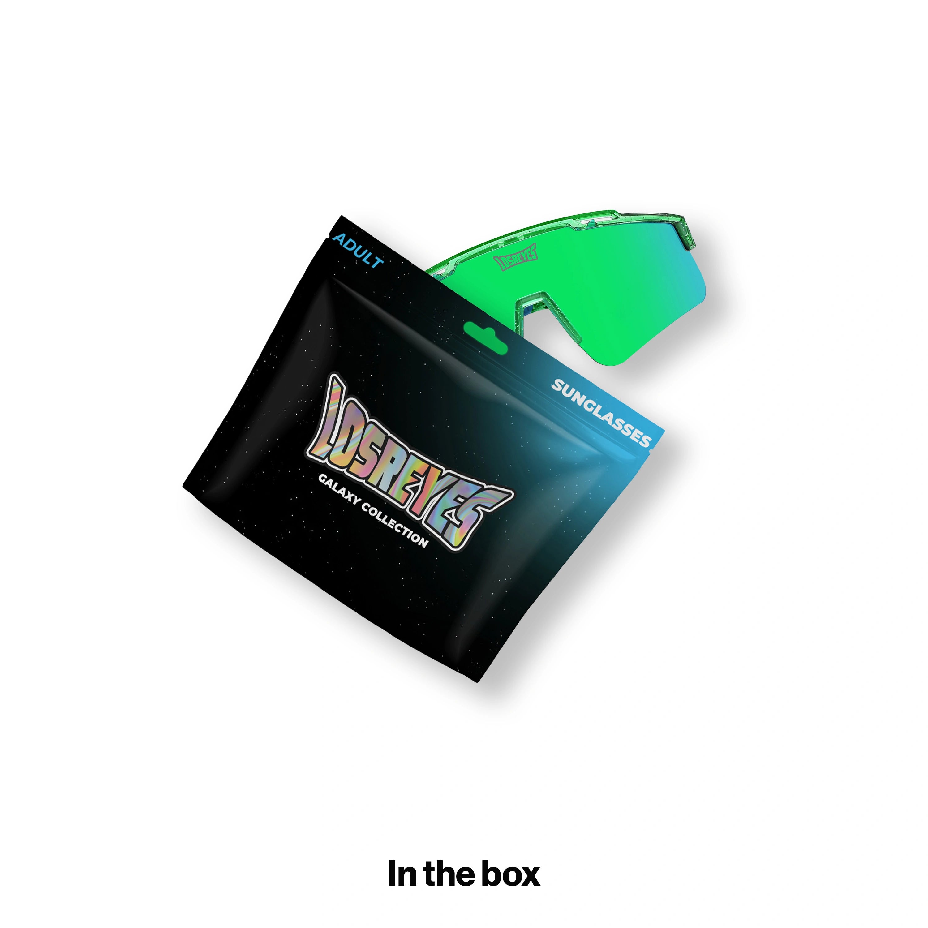 LOSREYES PRIME Galaxy Collection Earth sunglasses shown in the box with the black galaxy mylar pouch packaging
