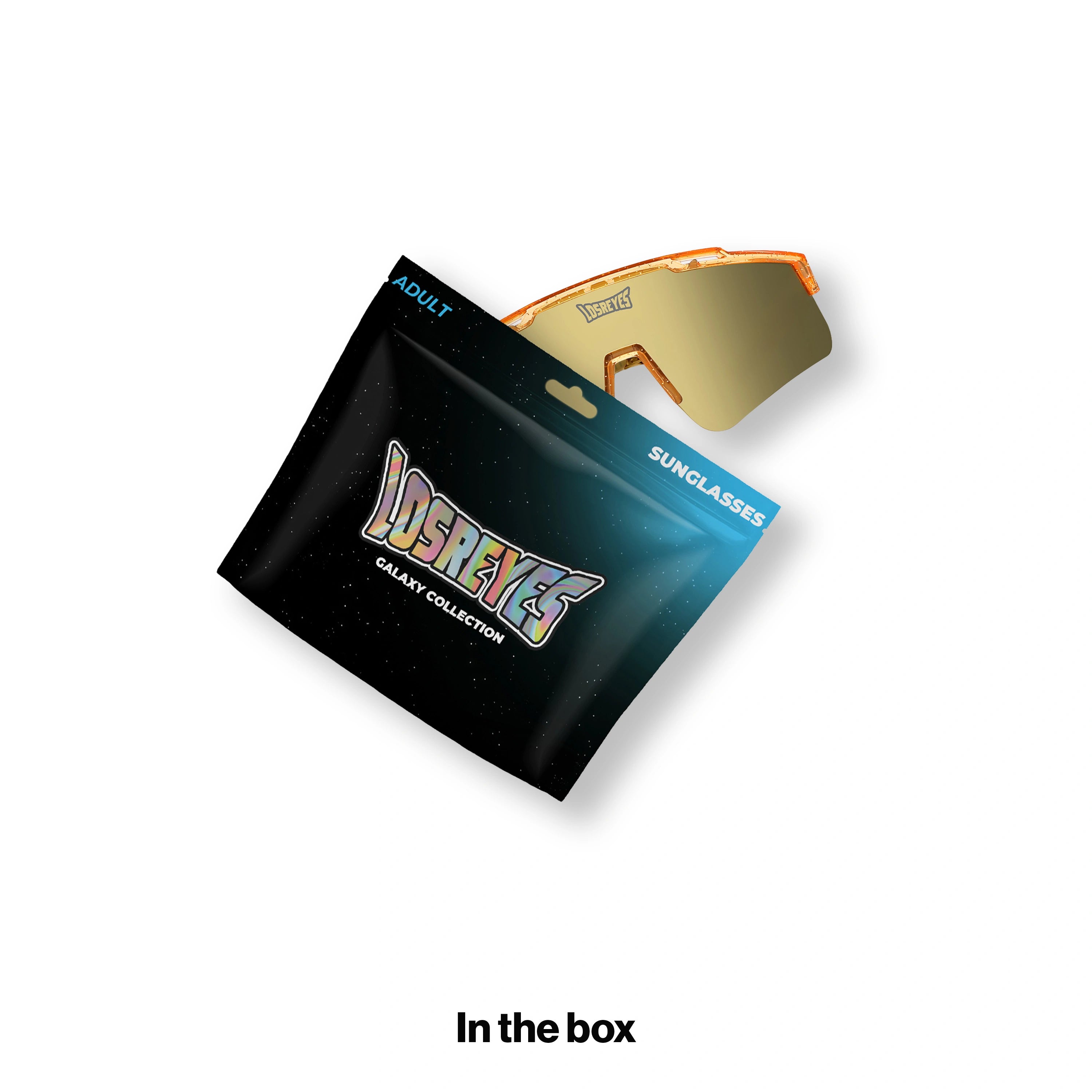 LOSREYES PRIME Galaxy Collection Jupiter sunglasses shown in the box with the black galaxy mylar pouch packaging