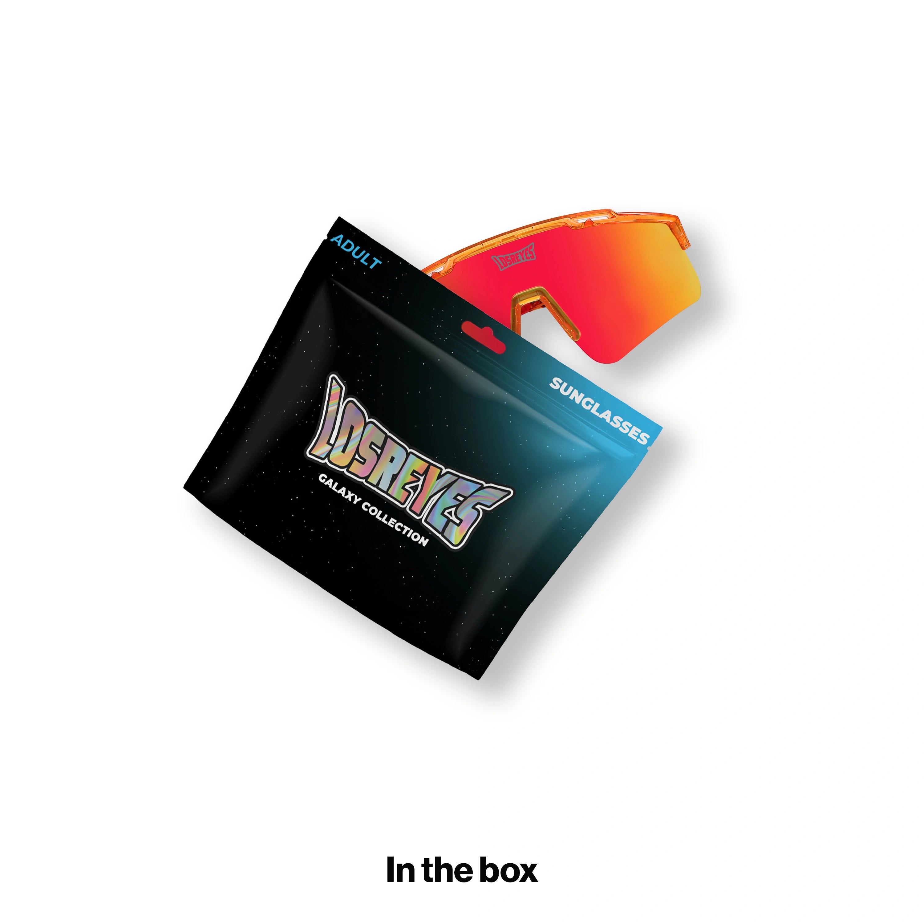 LOSREYES PRIME Galaxy Collection Mars sunglasses shown in the box with the black galaxy mylar pouch packaging