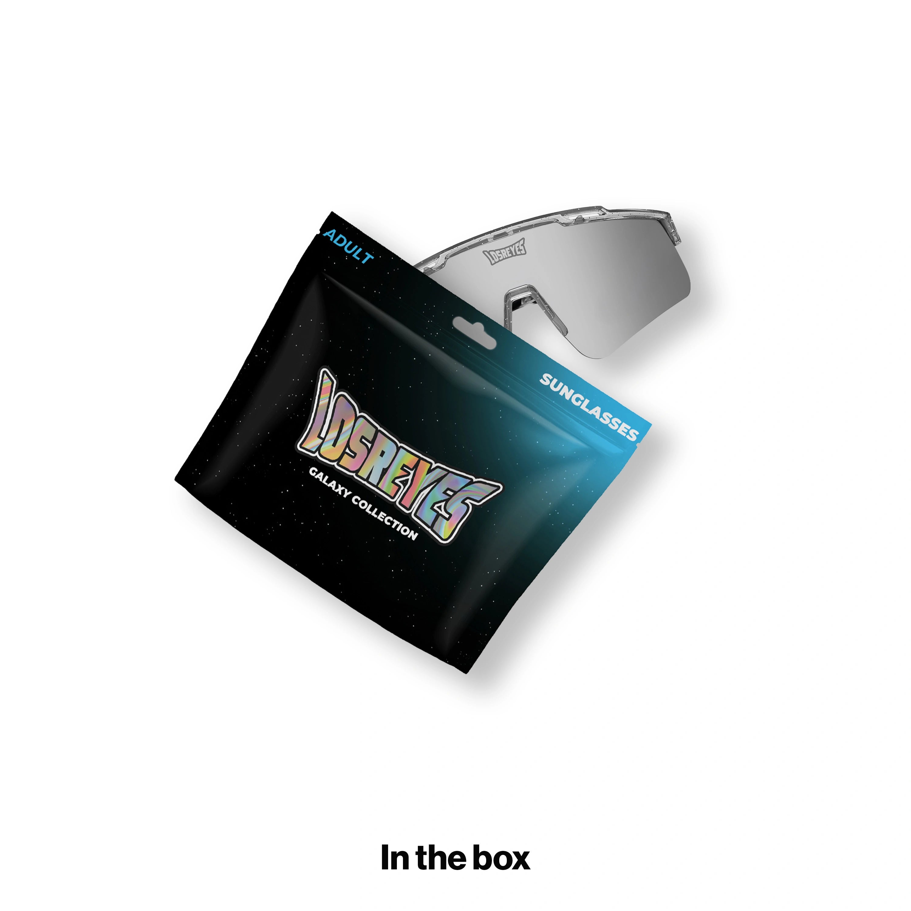 LOSREYES PRIME Galaxy Collection Moon sunglasses shown in the box with the black galaxy mylar pouch packaging