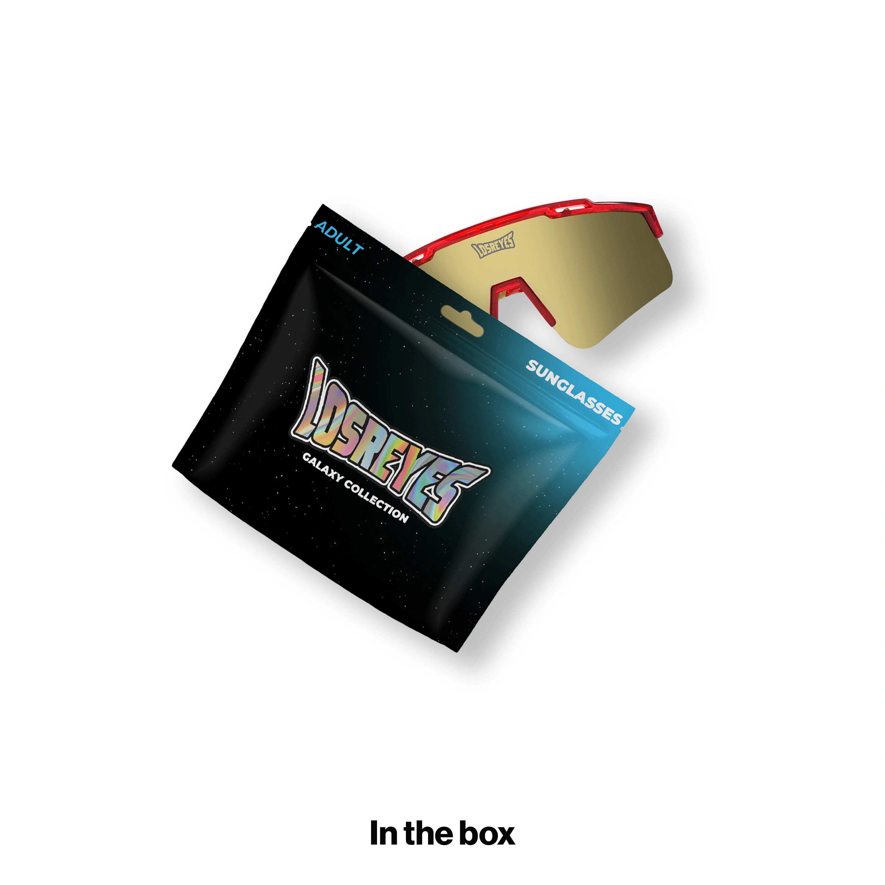 LOSREYES PRIME Galaxy Collection Pluto sunglasses shown in the box with the black galaxy mylar pouch packaging