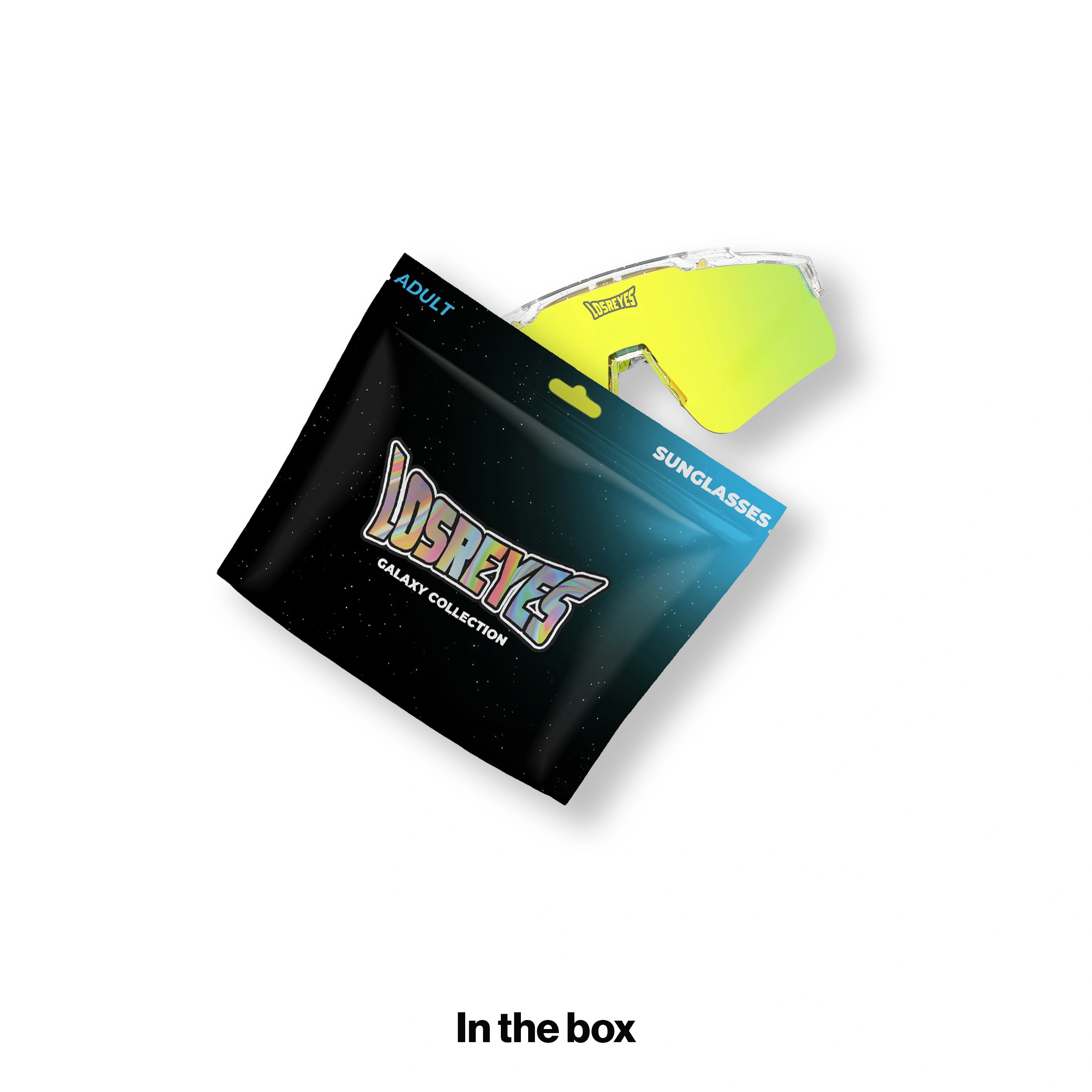 LOSREYES PRIME Galaxy Collection Saturn sunglasses shown in the box with the black galaxy mylar pouch packaging