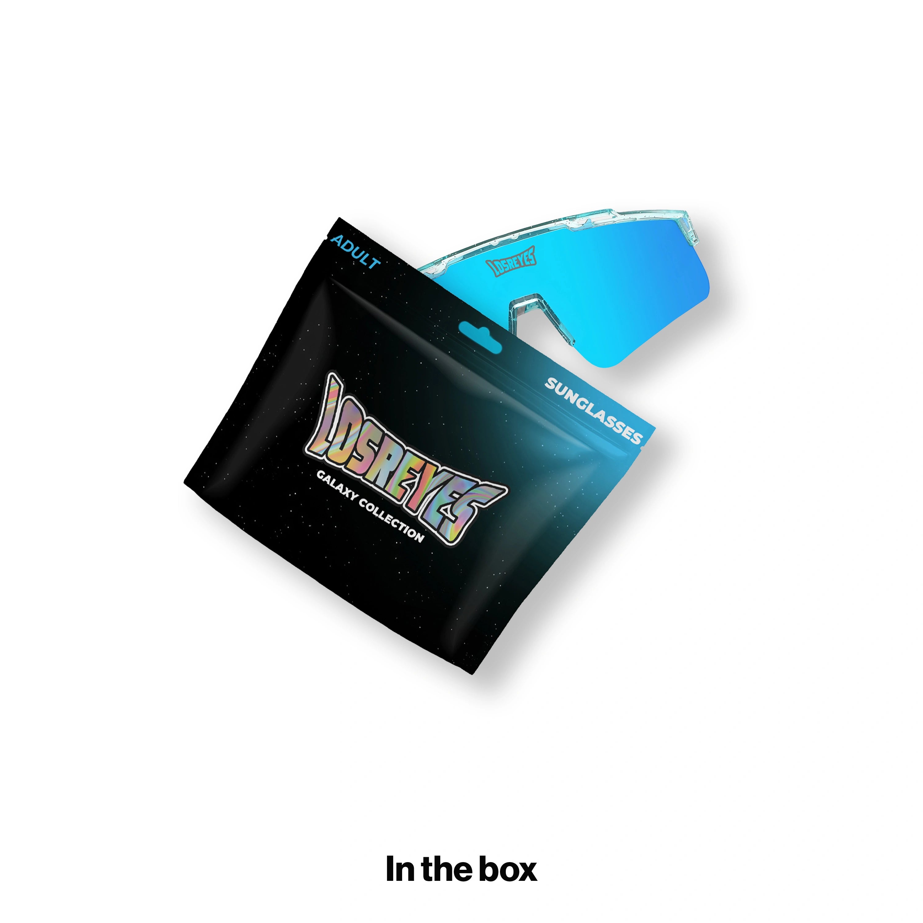LOSREYES PRIME Galaxy Collection Uranus sunglasses shown in the box with the black galaxy mylar pouch packaging