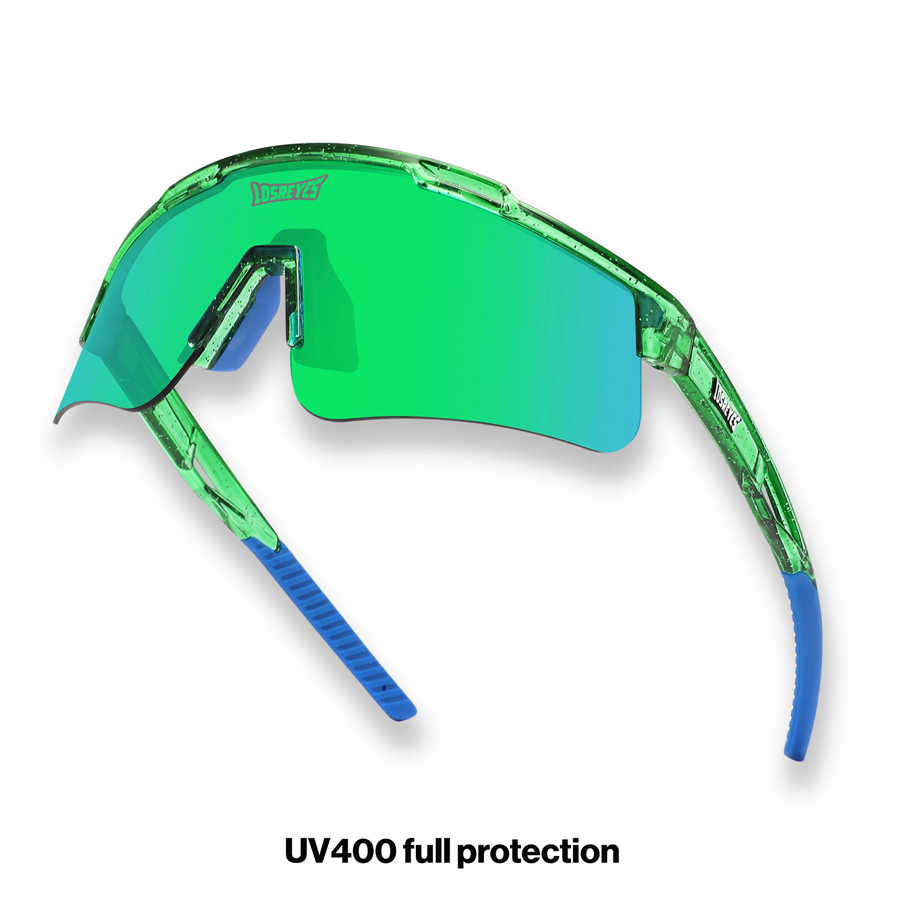Hero angle of LosReyes Prime Galaxy Earth green-blue sports sunglasses with curved mirrored shield lens, sleek green frame, and flexible blue temple grips designed for dynamic training and all-day eye protection.