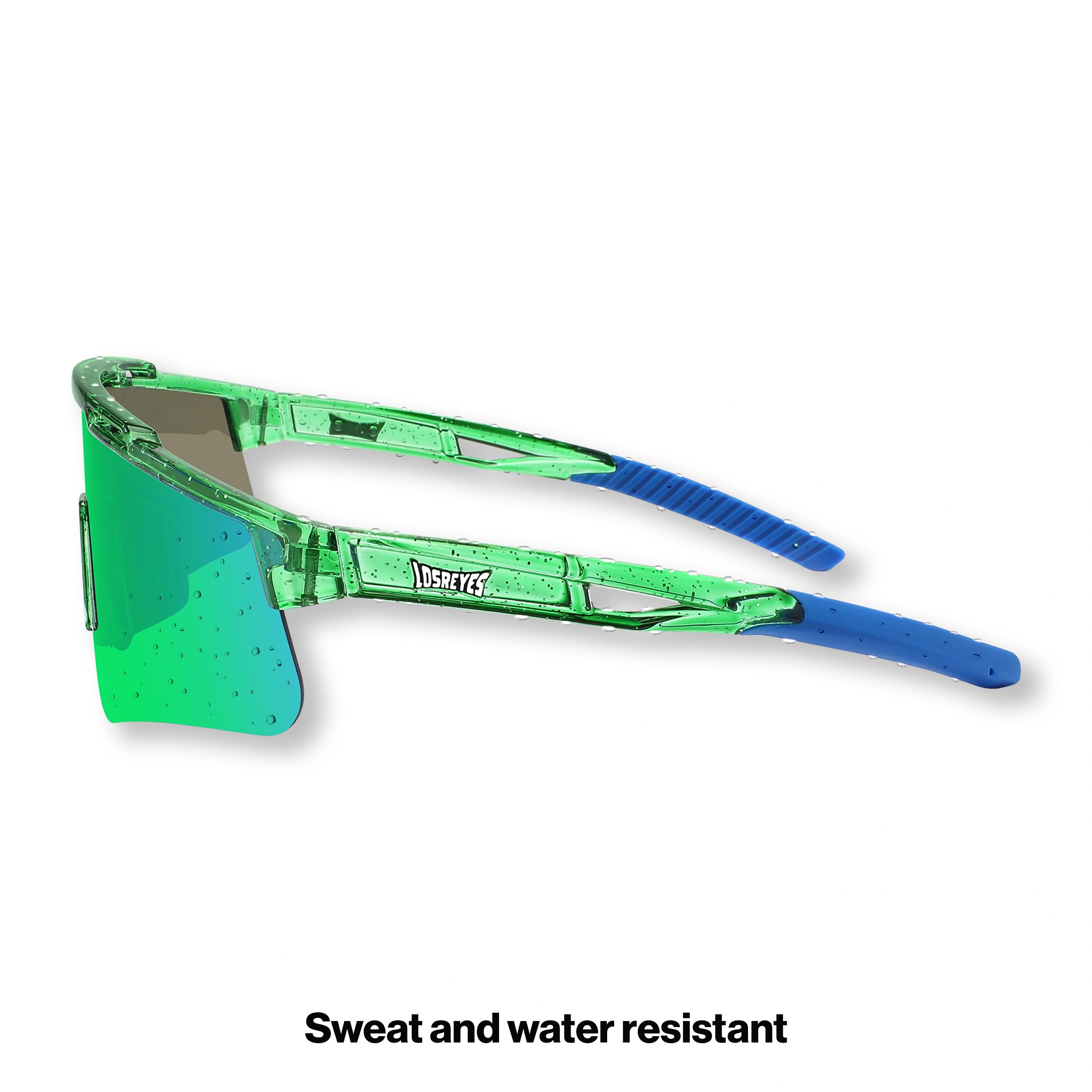 Side profile of LosReyes Prime Galaxy Earth performance sunglasses in green and blue with hydrophobic mirrored lens and ergonomic sidearms for a secure, comfortable fit during high-intensity activity.