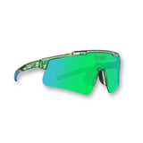 Hero angle of LosReyes Prime Galaxy Earth athletic sunglasses featuring a green-blue mirrored shield lens, transparent green frame, blue temple tips, and UV400 wraparound protection for running, cycling, and outdoor sports