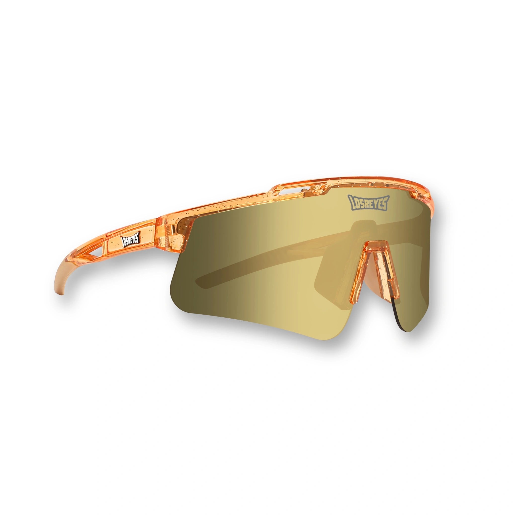 Hero angle of LosReyes Prime Galaxy Jupiter sports sunglasses with golden mirrored wraparound lens, translucent orange performance frame, and UV400 sun protection—ideal for baseball, cycling, and outdoor athletic training