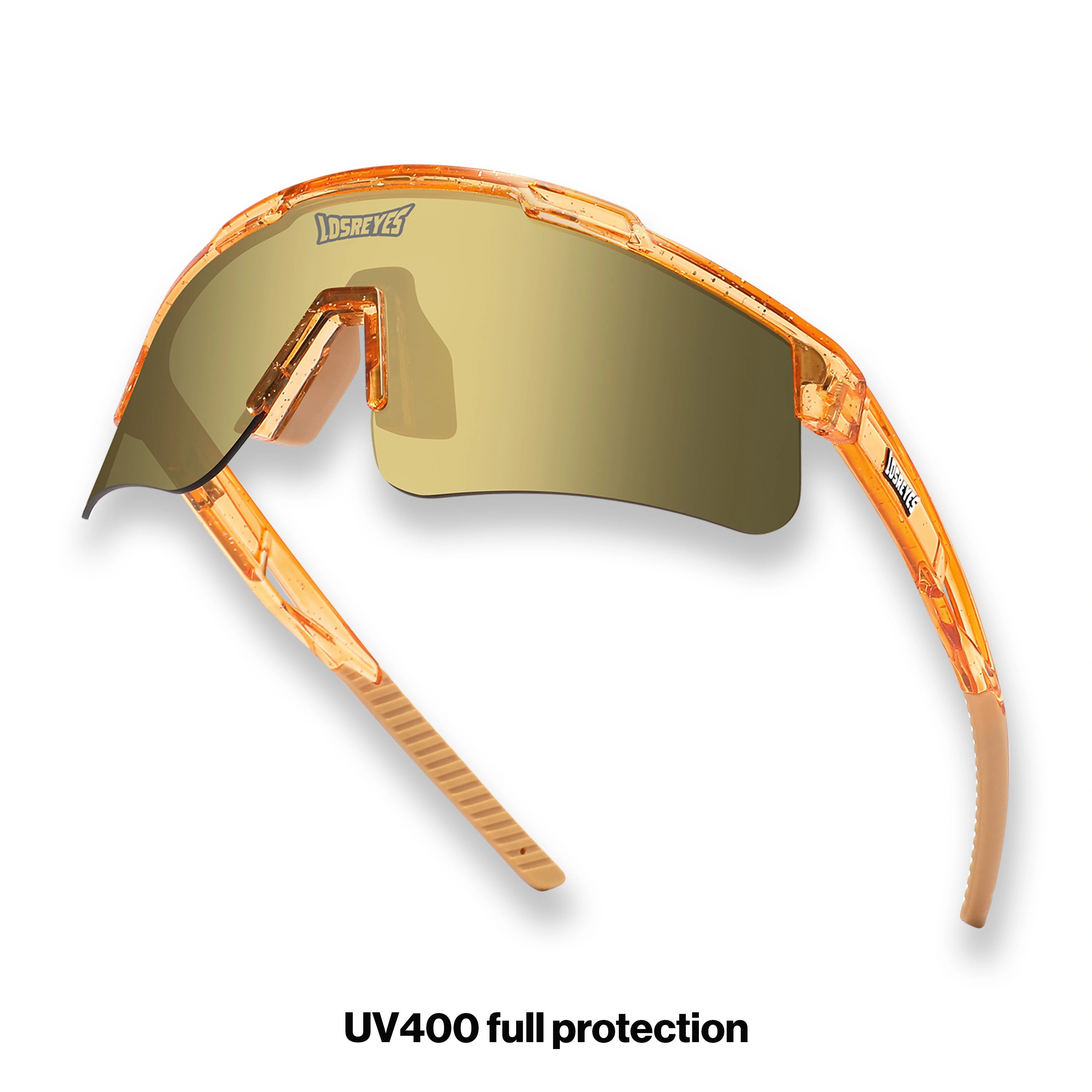 Hero angle of LosReyes Prime Galaxy Jupiter sports sunglasses in orange with gold mirrored shield lenses, high-performance wraparound design, and UV400 sun protection — ideal for outdoor sports and athletics.