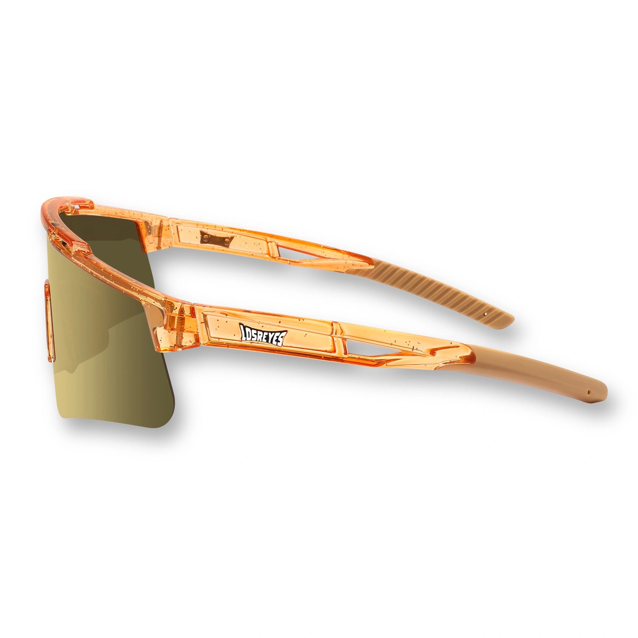 Side profile of LosReyes Prime Galaxy Jupiter orange sunglasses with high-contrast gold lenses, aerodynamic wraparound frame, and secure-fit arms for athletes in motion.