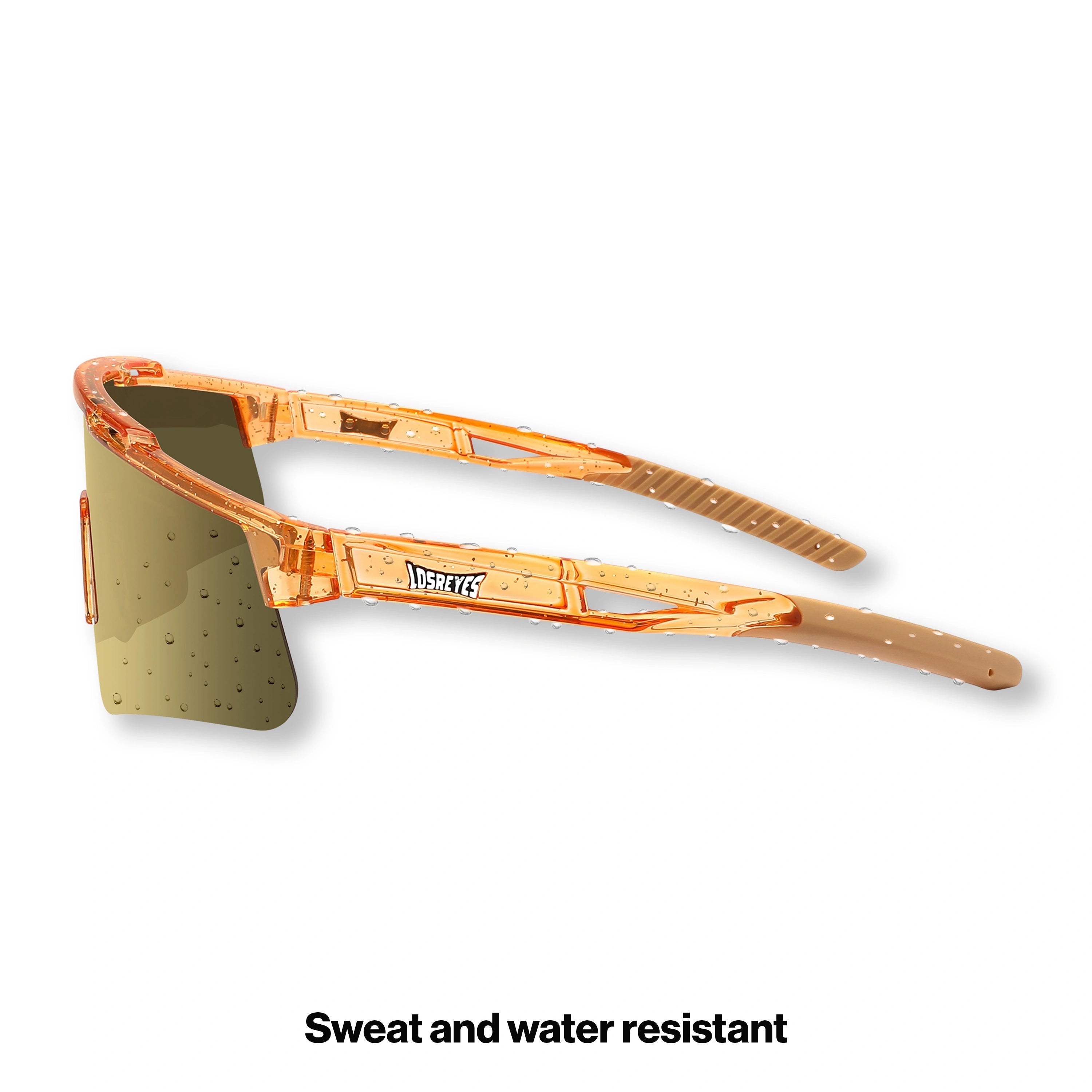 Side profile of LosReyes Prime Galaxy Jupiter orange sunglasses with high-contrast gold lenses, aerodynamic wraparound frame, and secure-fit arms for athletes in motion.