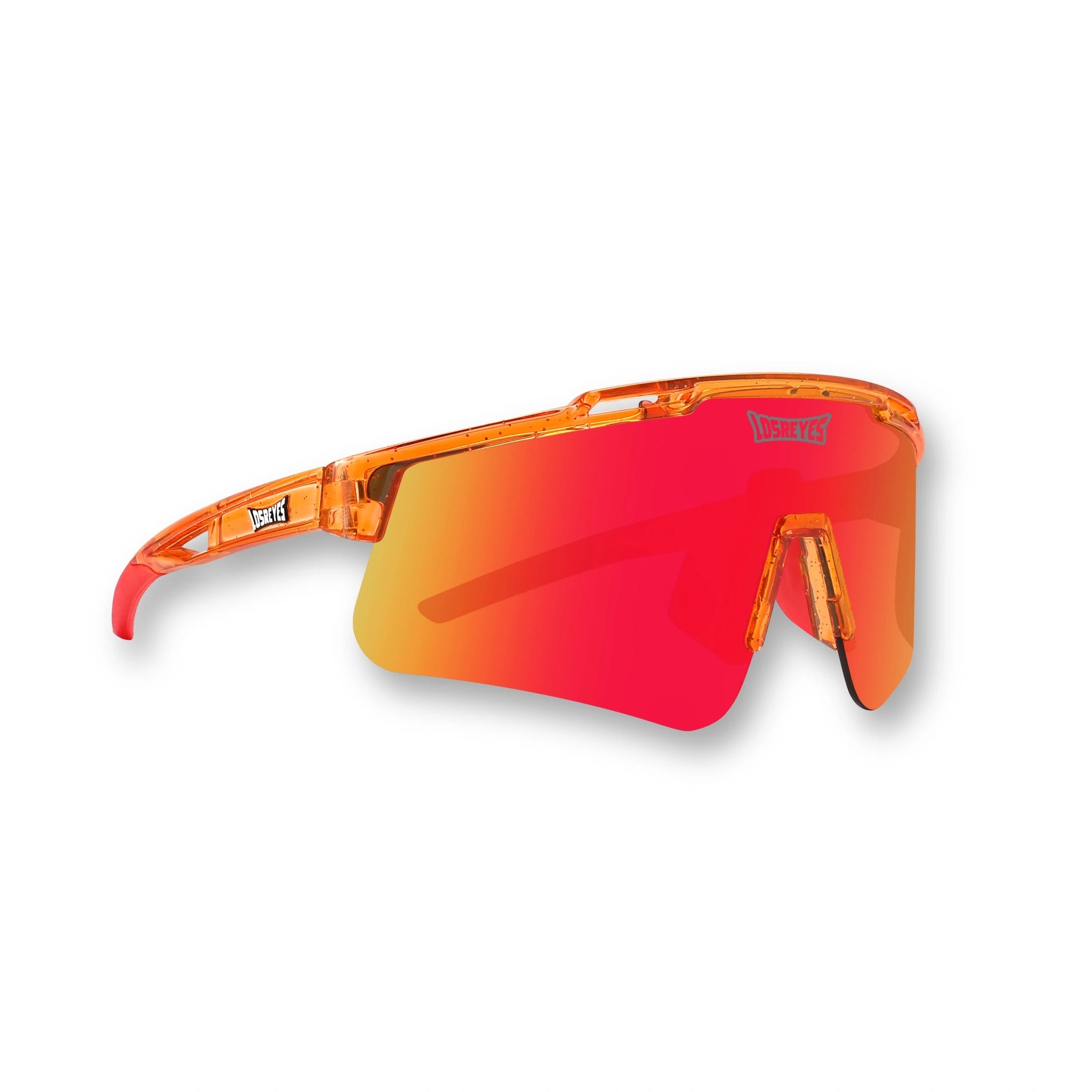 Hero view of LosReyes Prime Galaxy Mars sports sunglasses with fire-red mirrored wraparound lens, translucent orange frame, and UV400 protection—engineered for high-performance sports like baseball, track, and cycling