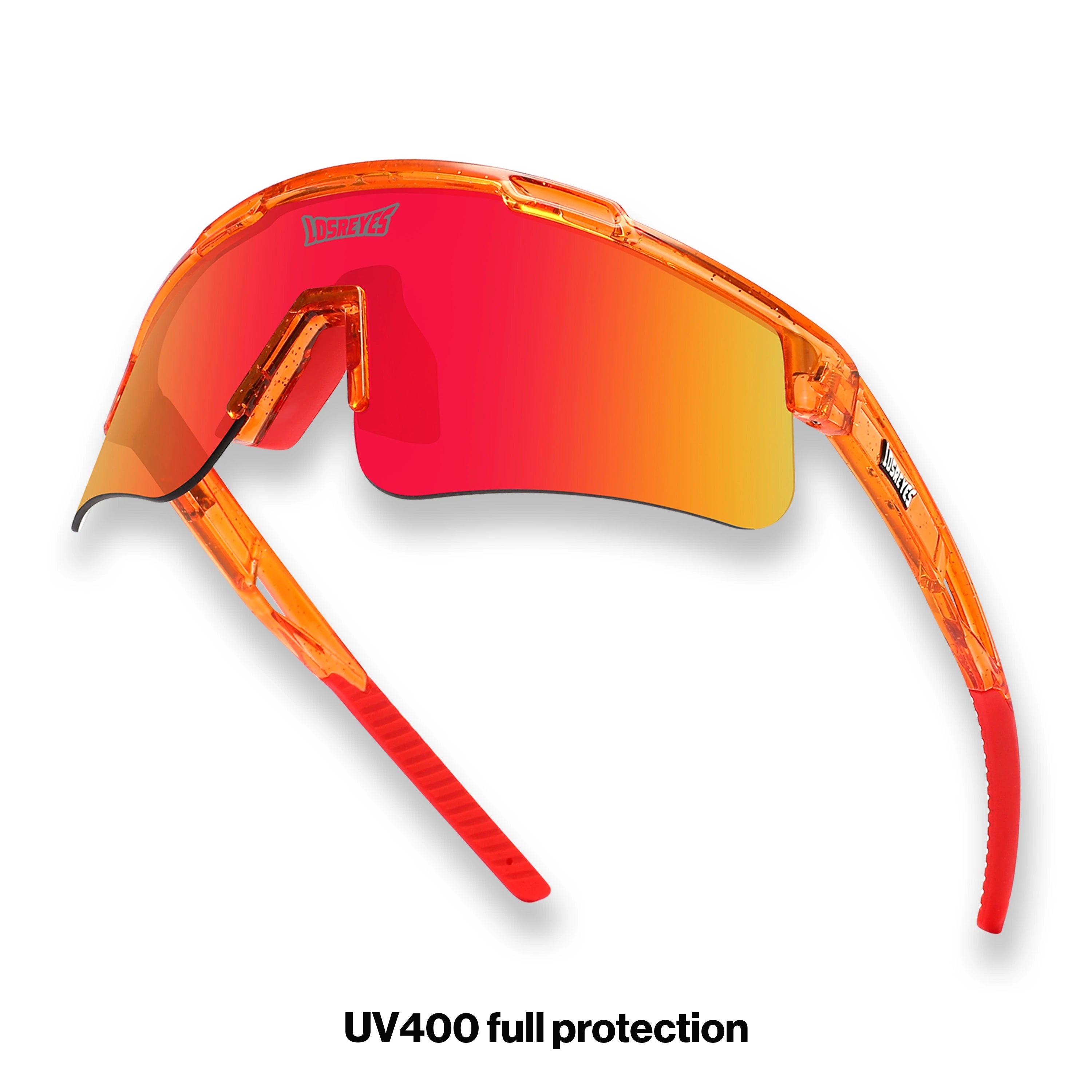 Hero angle of LosReyes Prime Galaxy Mars sunglasses with vibrant red-orange wraparound lens, aerodynamic shield design, and UV400 protection for athletic and outdoor sports.