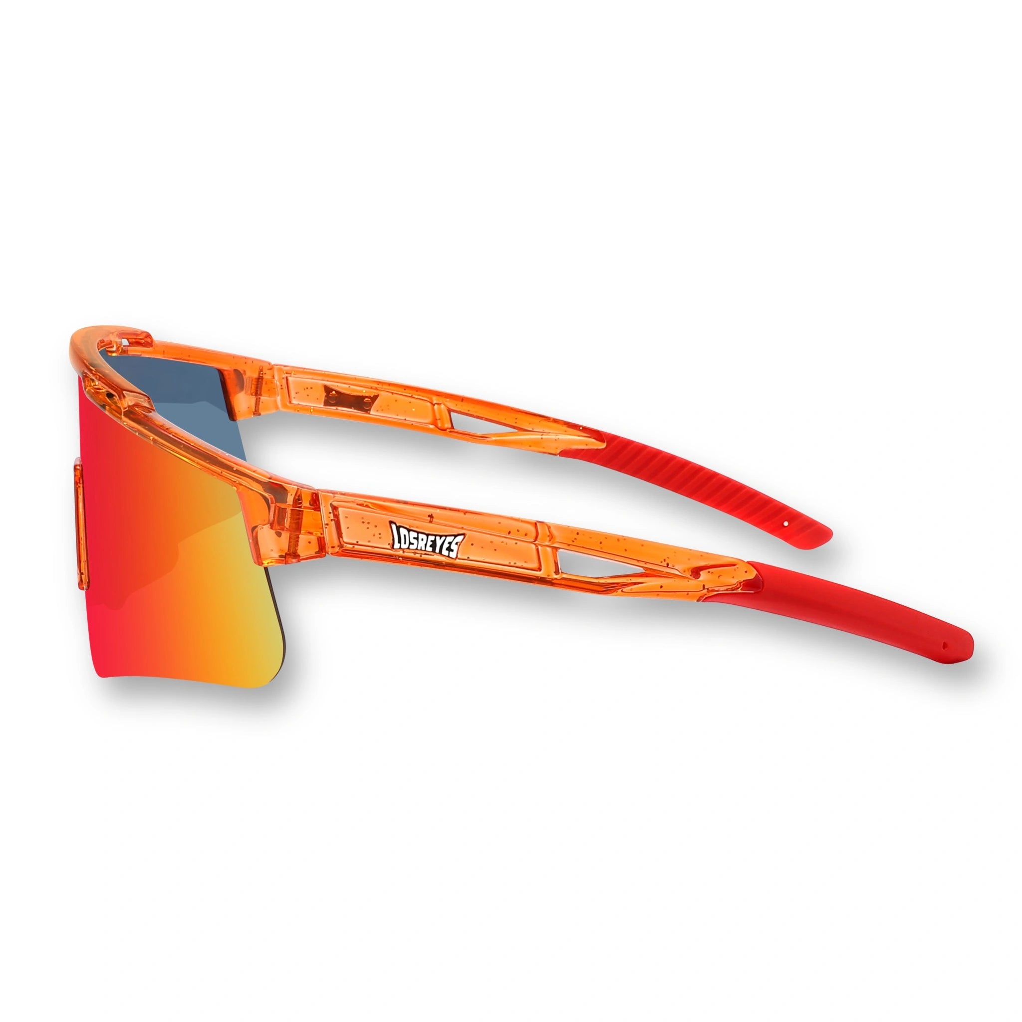 Side profile of LosReyes Prime Galaxy Mars sunglasses showcasing lightweight translucent red frame, extended coverage shield lens, and ergonomic grip arms for secure fit.