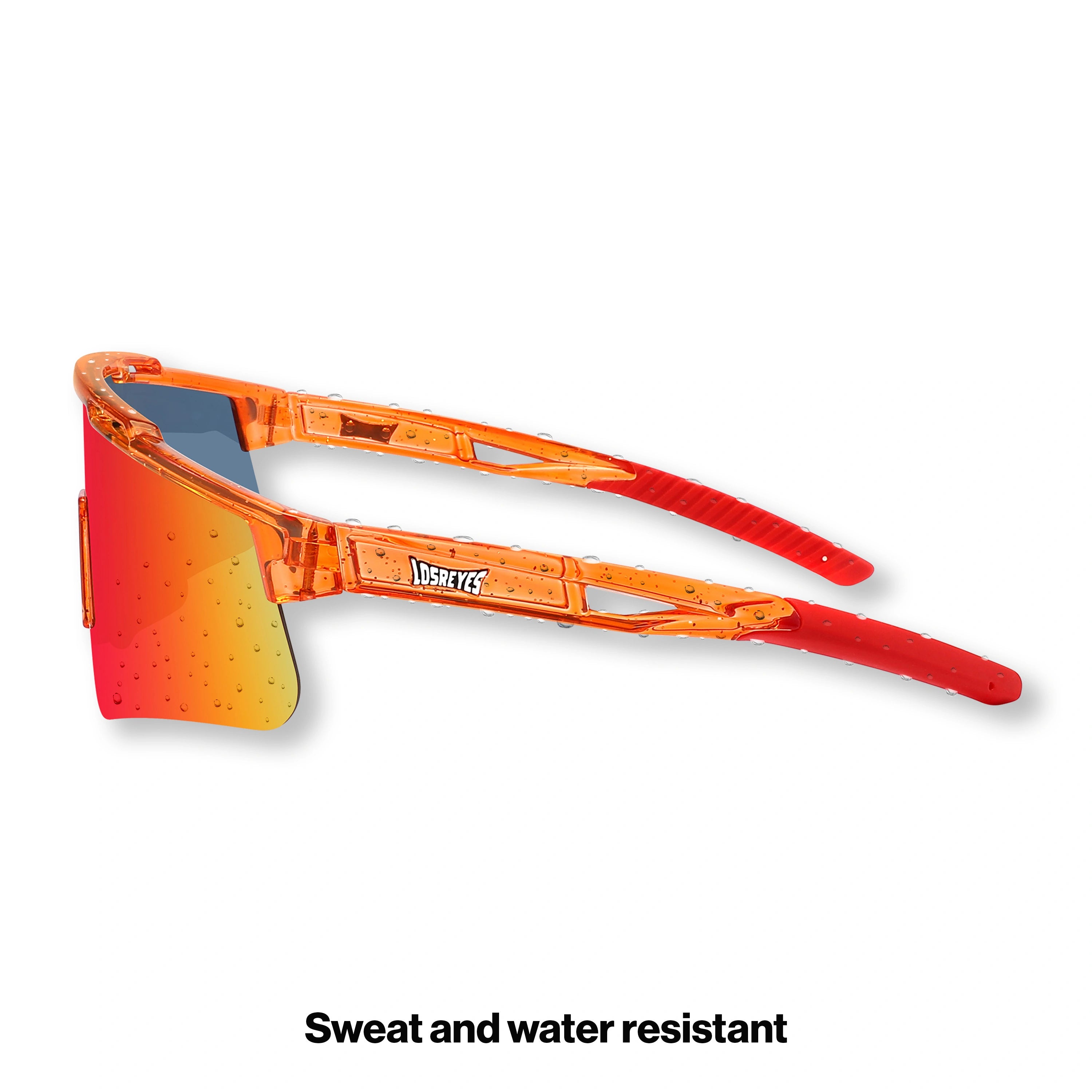 Side profile of LosReyes Prime Galaxy Mars sunglasses showcasing lightweight translucent red frame, extended coverage shield lens, and ergonomic grip arms for secure fit.