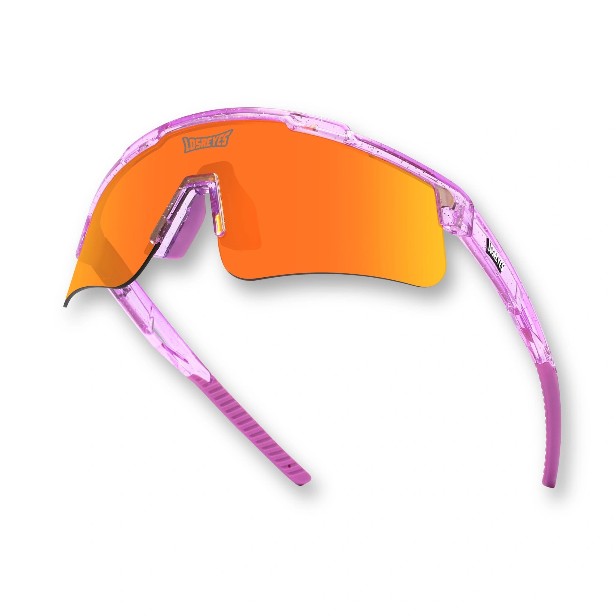 Hero angle of LosReyes Prime Galaxy Mercury performance sunglasses with orange gradient lenses, aerodynamic translucent purple frame, and shield-style mirrored optics ideal for cycling, baseball, and fitness.