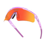 Hero angle of LosReyes Prime Galaxy Mercury performance sunglasses with orange gradient lenses, aerodynamic translucent purple frame, and shield-style mirrored optics ideal for cycling, baseball, and fitness.