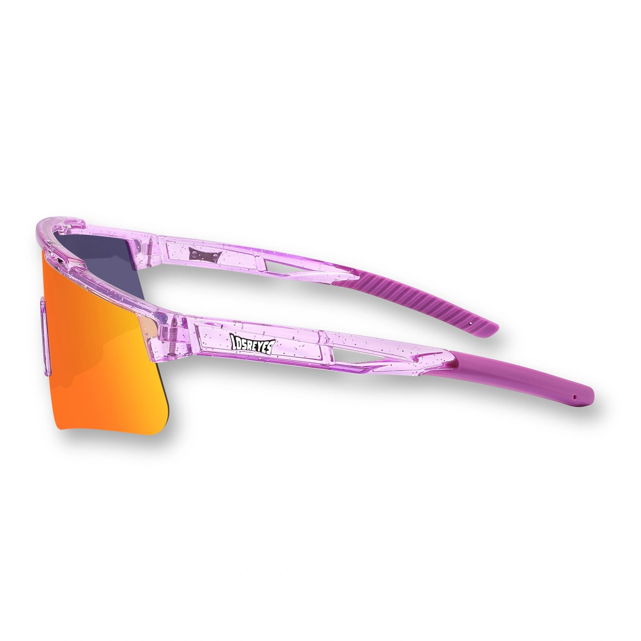 Side profile of LosReyes Prime Galaxy Mercury athletic sunglasses with transparent purple temples, rubber grip tips, and mirrored orange wrap lens designed for optimal fit and motion stability.