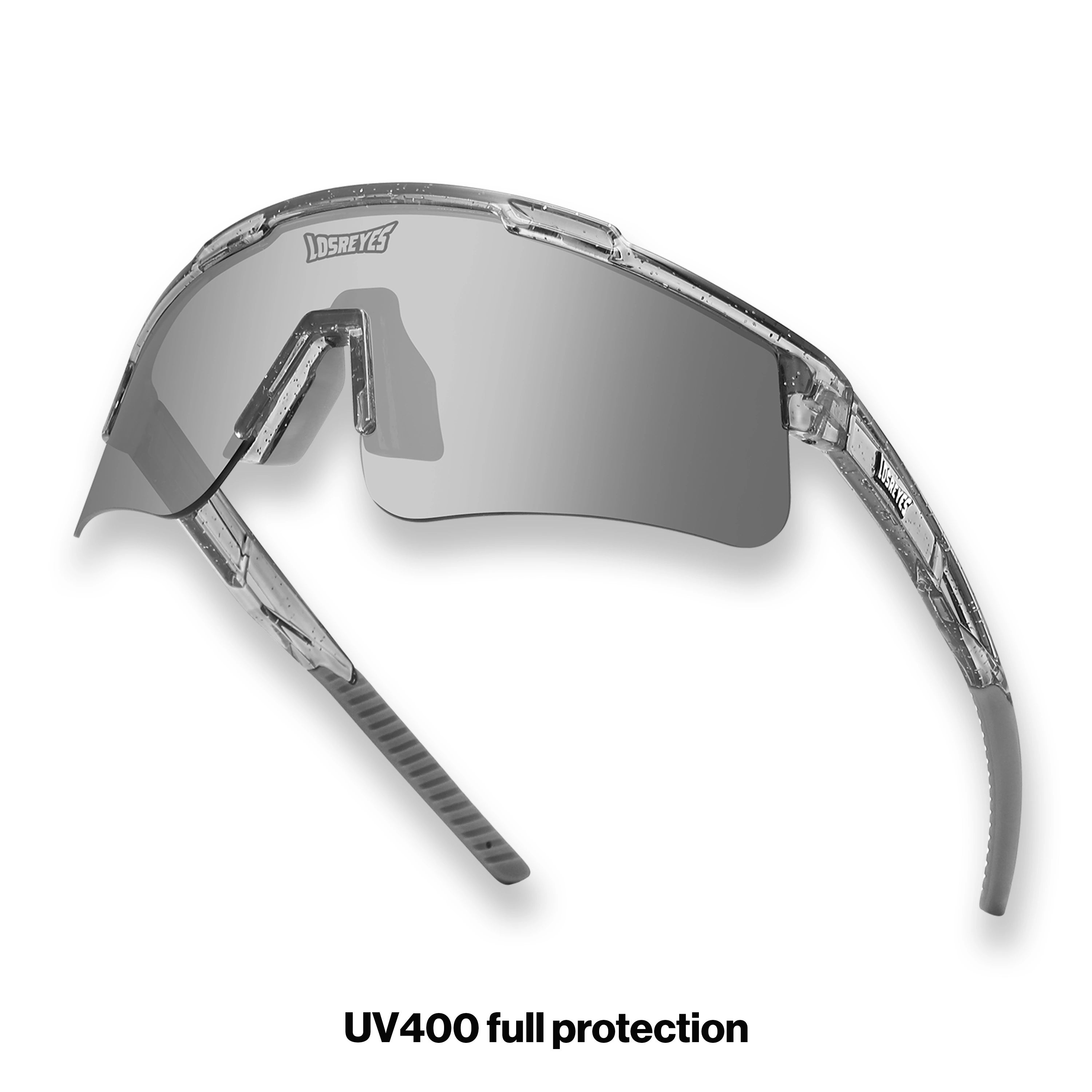 Hero angle of LosReyes Prime Galaxy Moon sports sunglasses highlighting UV400 mirrored lens, clear futuristic frame, and lightweight aerodynamic build made for baseball, training, and outdoor speed.