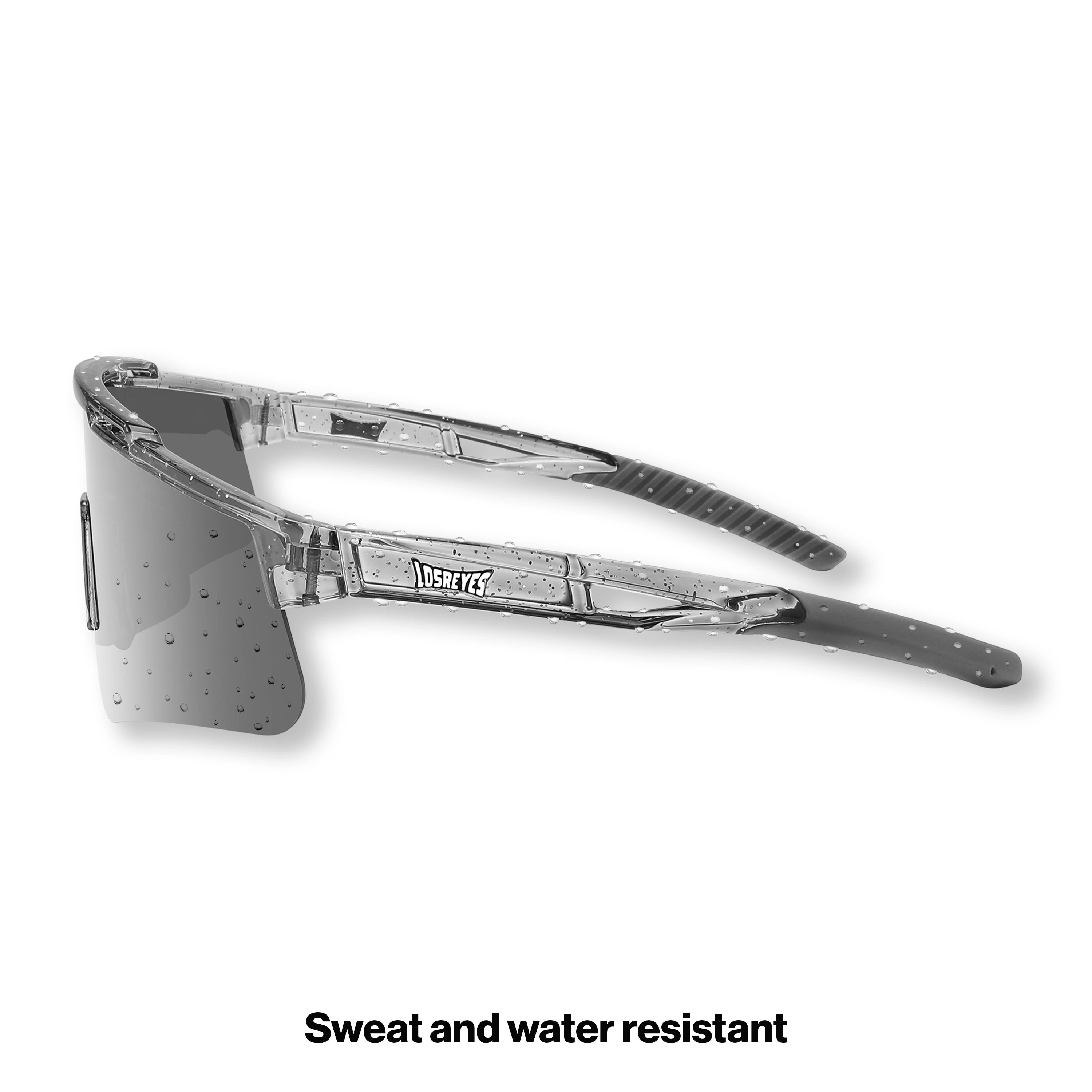Side view of LosReyes Prime Galaxy Moon sunglasses showcasing see-through temples, full-coverage curved lens, and high-performance comfort for athletes and active wearers.