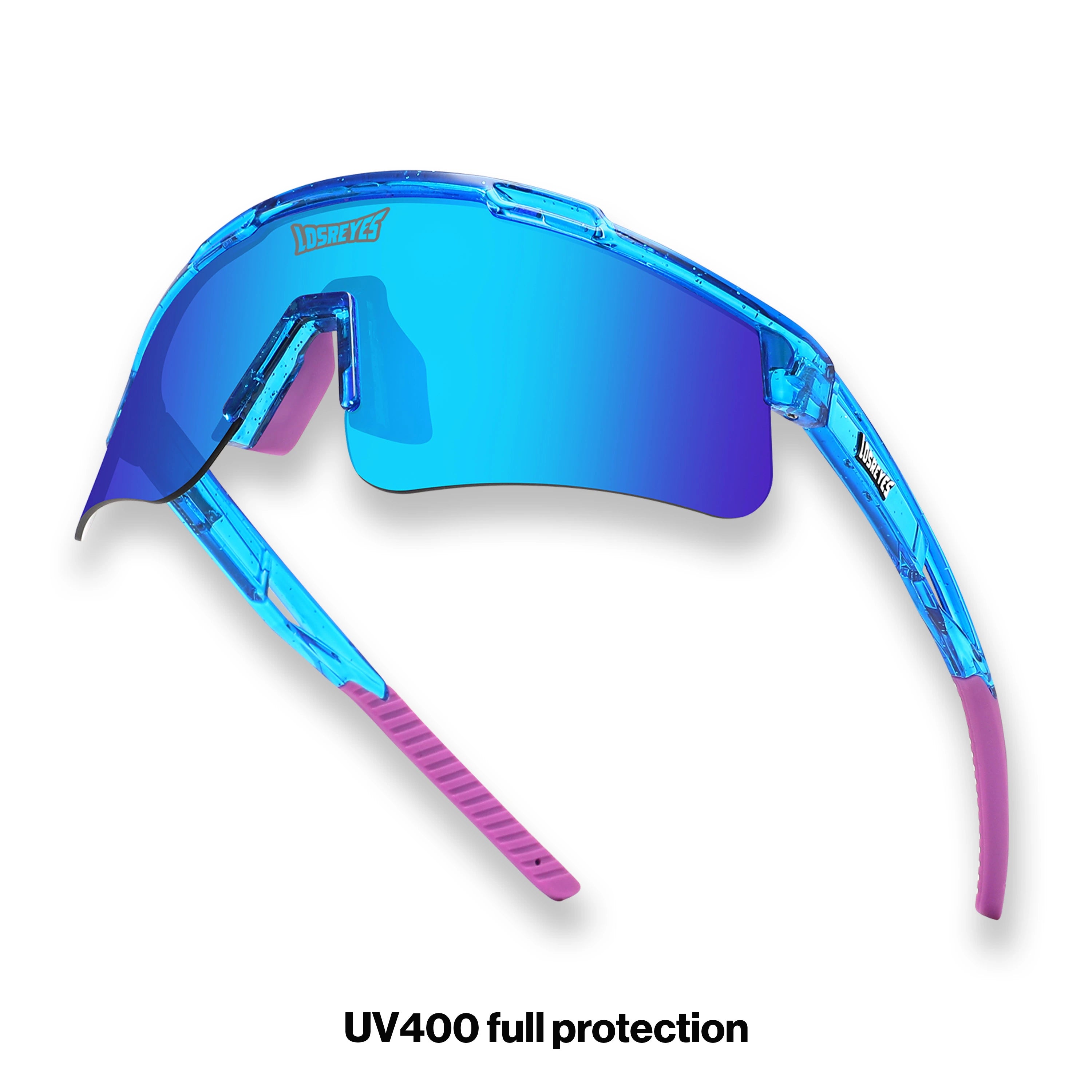 Hero angle of LosReyes Prime Galaxy Neptune athletic sunglasses with bold blue mirrored lenses, high-performance fit, and aerodynamic frame