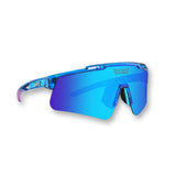 Hero angle of LosReyes Prime Galaxy Neptune blue shield sunglasses with mirrored wraparound lenses, clear blue translucent frame, and sleek aerodynamic design—perfect for cycling, running, and high-performance sports with full UV400 lens coverage