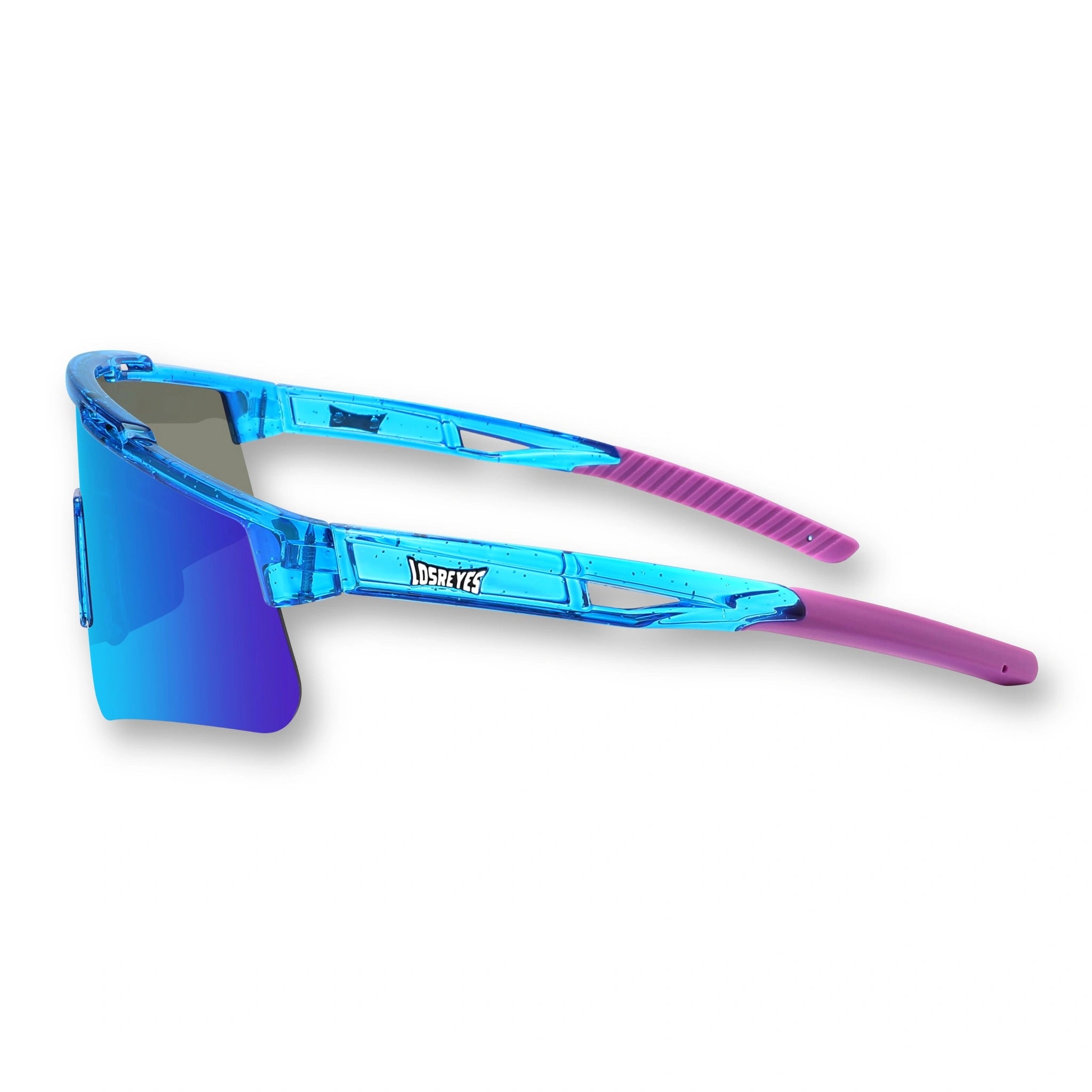 Side view of LosReyes Prime Galaxy Neptune performance sunglasses showing sleek blue translucent frame and polarized shield lens for maximum sun protection