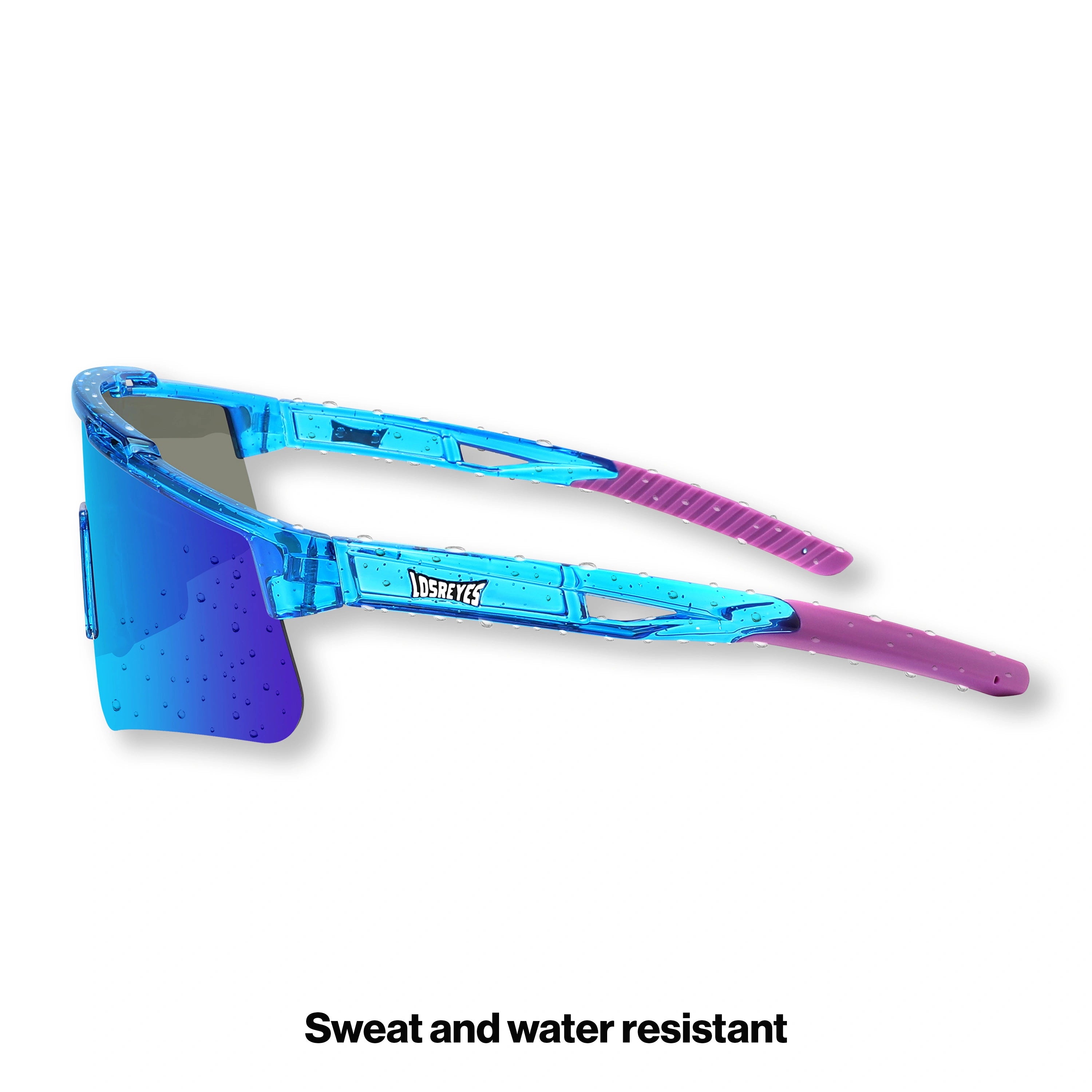 Side view of LosReyes Prime Galaxy Neptune performance sunglasses showing sleek blue translucent frame and polarized shield lens for maximum sun protection