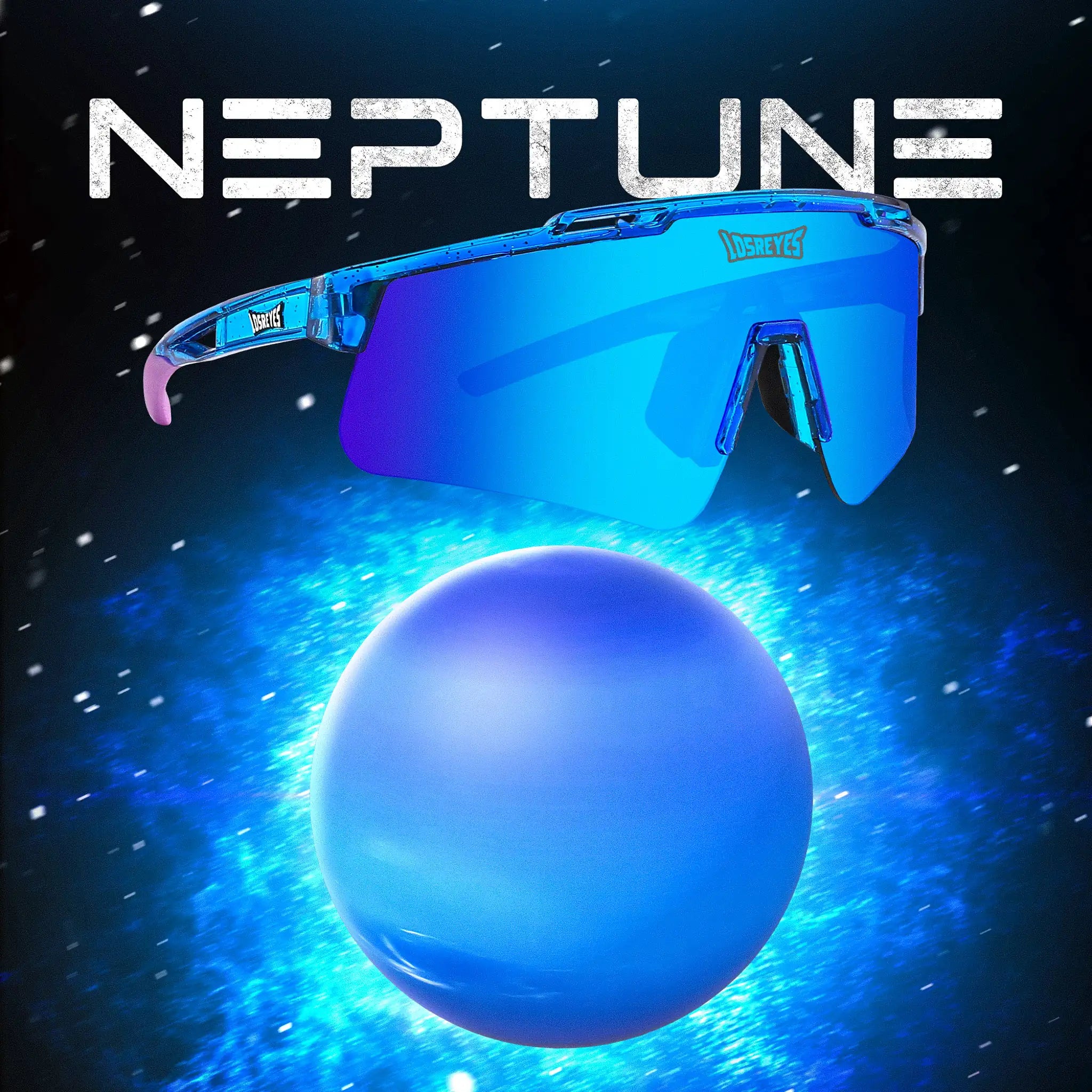 Promotional graphic for LosReyes Prime Galaxy Neptune sports sunglasses, highlighting wraparound design and high-contrast lens technology against a space theme