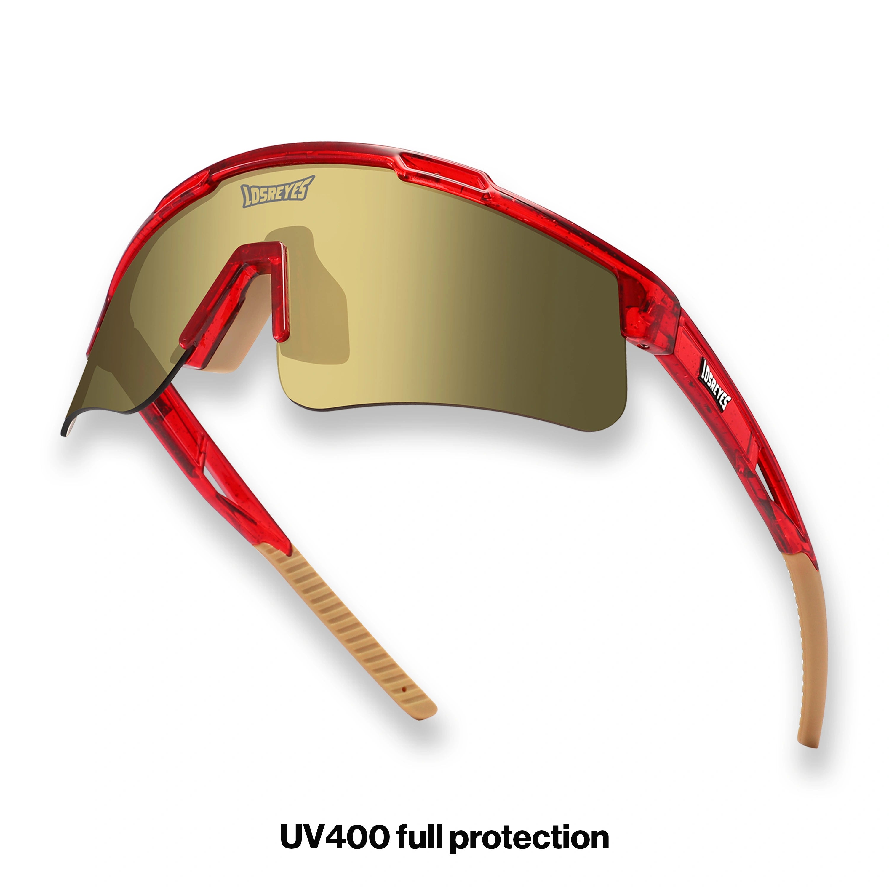 Hero angle of LosReyes Prime Galaxy Pluto mirrored performance sunglasses with red wraparound frame and gold shield lens ideal for high-speed outdoor sports.