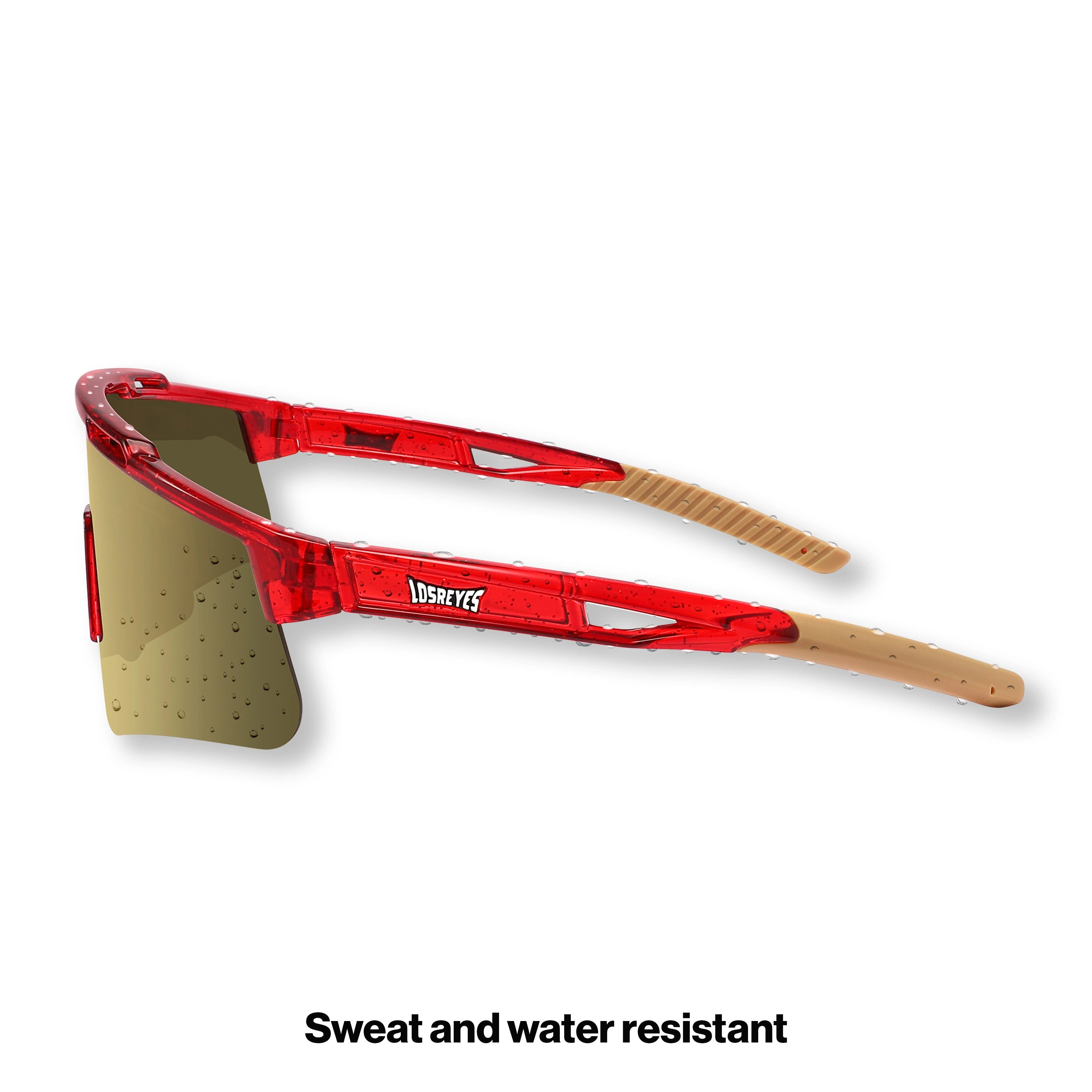 Side view of LosReyes Prime Galaxy Pluto athletic sunglasses showing transparent red frame, grippy tan arms, and mirrored UV protective lens for baseball, cycling, or training.