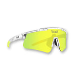 Hero angle of LosReyes Prime Galaxy Saturn clear frame sports sunglasses with yellow mirrored shield lens, UV400 wraparound design, and high-contrast style built for athletes, baseball, and outdoor performance