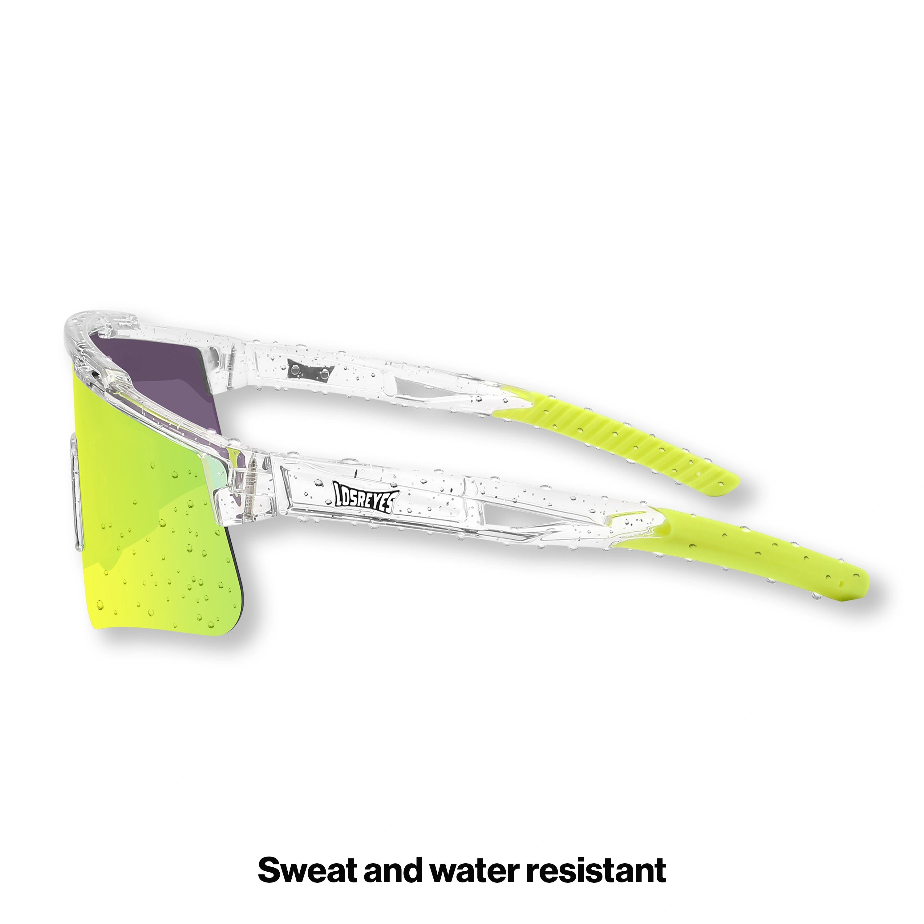 Side profile of LosReyes Prime Galaxy Saturn yellow performance sunglasses with UV-protection mirrored shield lens and ergonomic, breathable temple arms for baseball, cycling, or running.