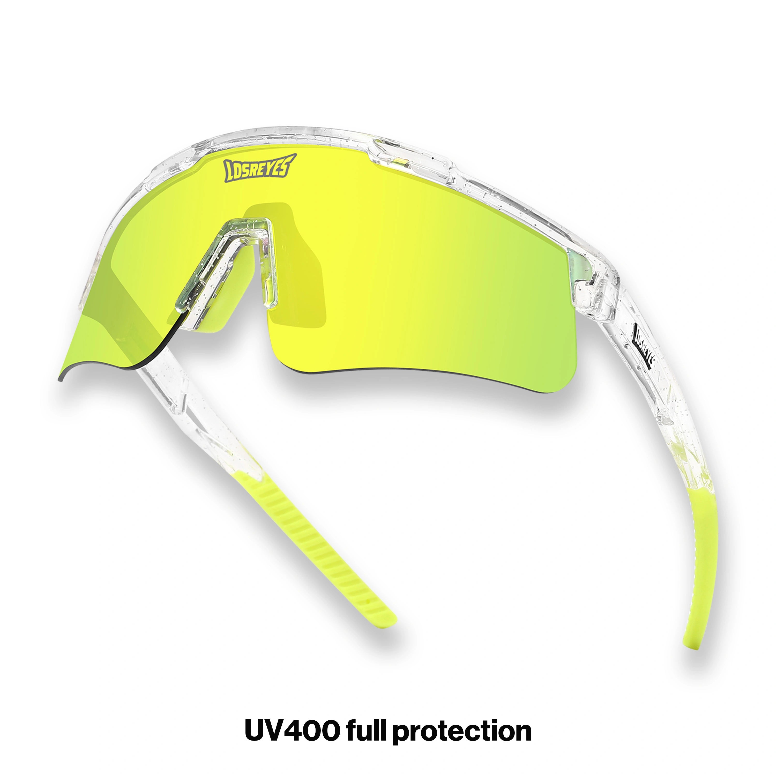 Hero angle of LosReyes Prime Galaxy Saturn wraparound sports sunglasses in yellow with mirrored lenses, transparent speckled frame, and no-slip temple tips for maximum field visibility.
